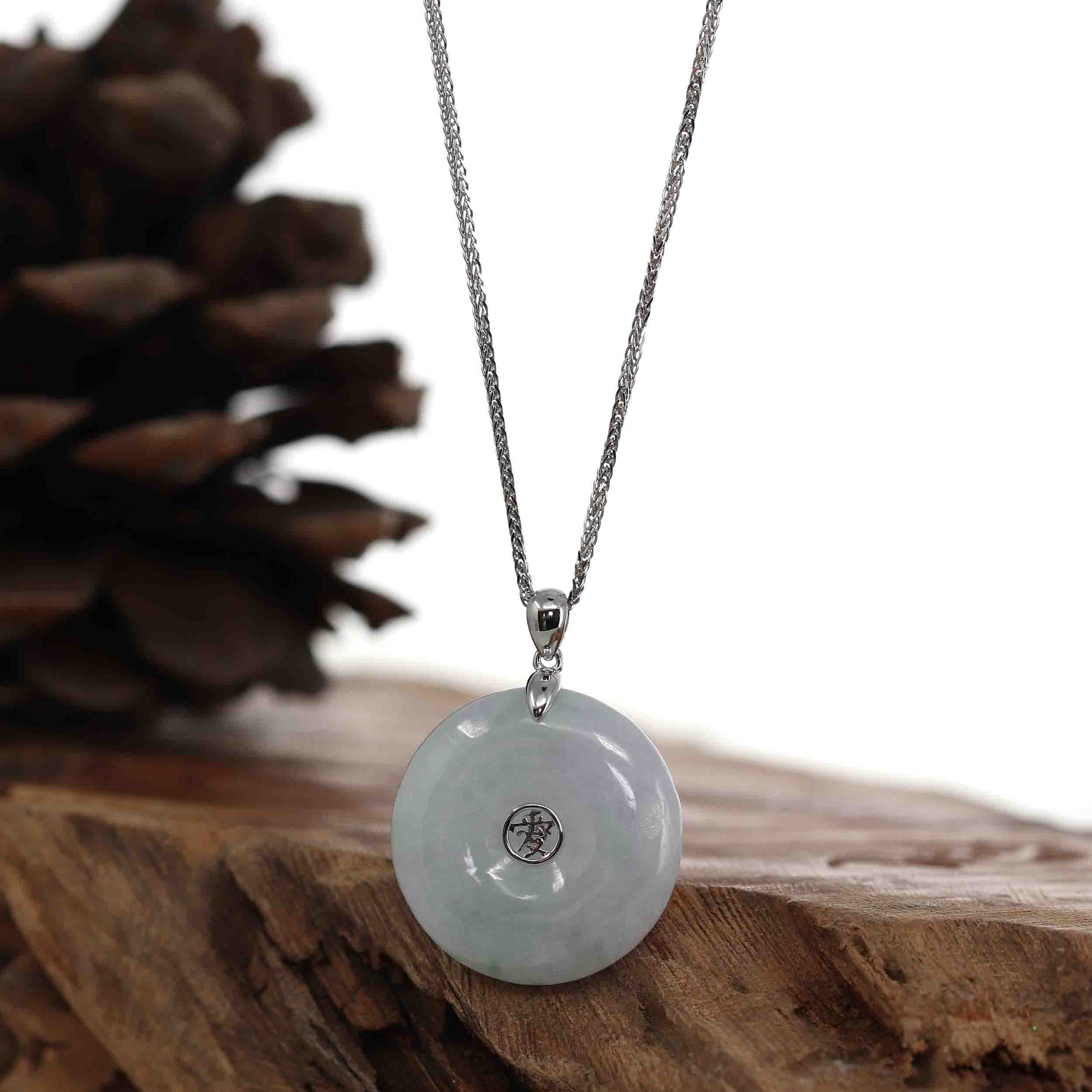 Baikalla Jewelry Gold Jadeite Jade Pendant Necklace 14k White Gold "Good Luck Button" Necklace Lavender Jadeite Jade Lucky KouKou Pendant Necklace