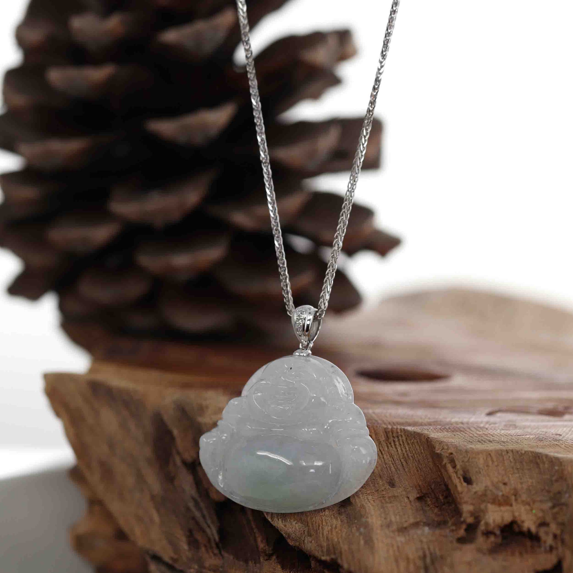 Baikalla Jewelry Jade Buddha Pendant "Laughing Buddha" 14k White Gold Genuine Light Lavender Green, Jadeite Jade Buddha Necklace With  Diamond Bail