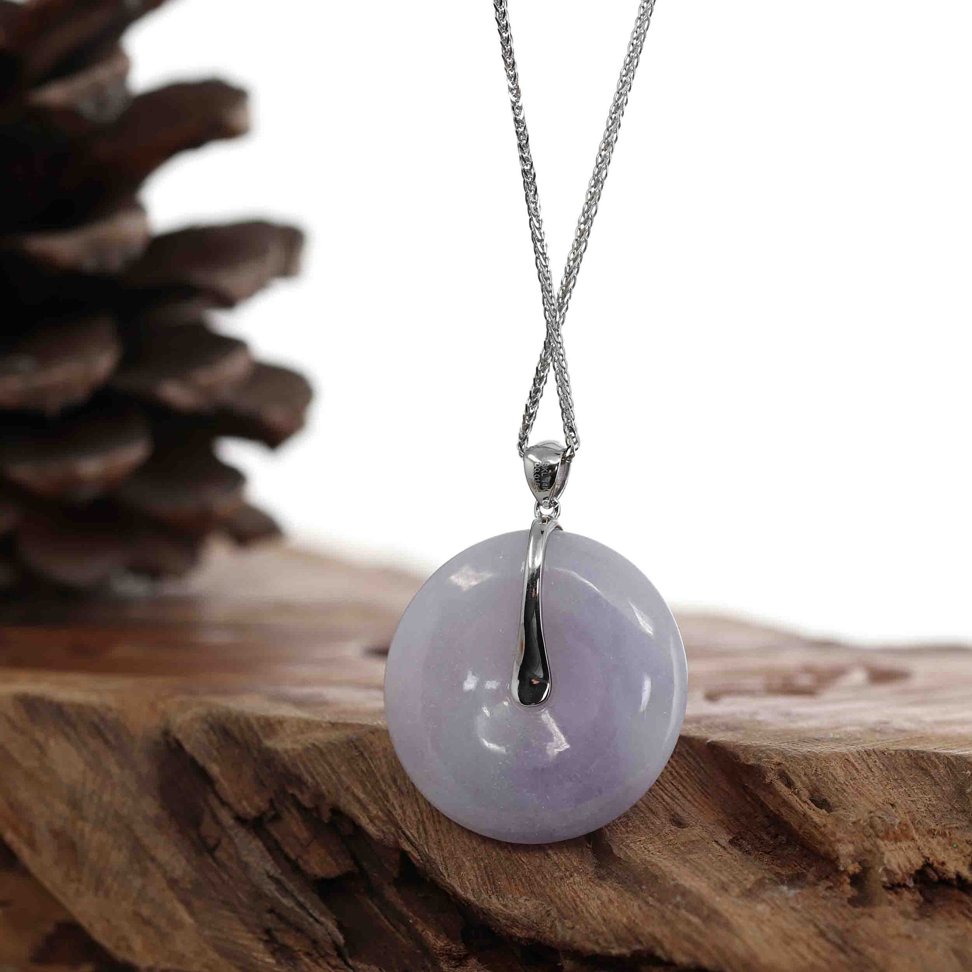 Baikalla Jewelry Gold Jadeite Jade Pendant Necklace 14k White Gold "Good Luck Button" Necklace Lavender Jadeite Jade Lucky KouKou Pendant Necklace with Diamond VS1 Bail