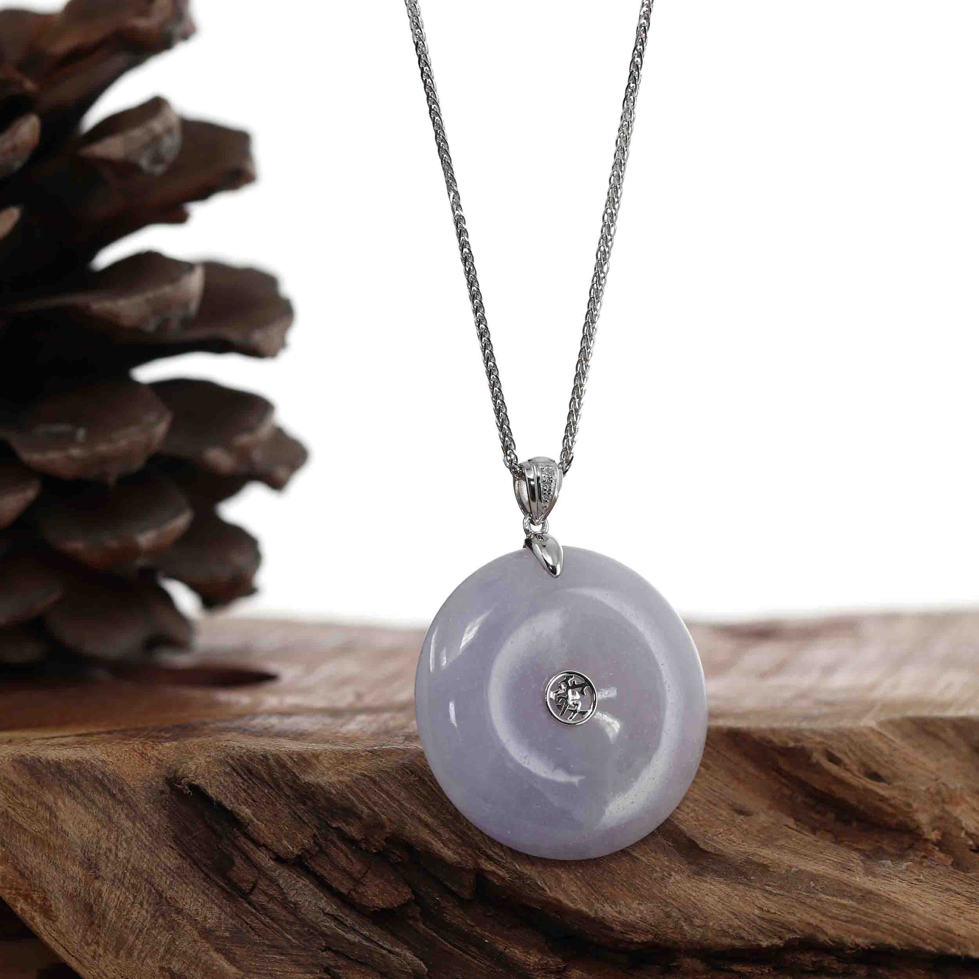 Baikalla Jewelry Gold Jadeite Jade Pendant Necklace 14k White Gold "Good Luck Button" Necklace Lavender Jadeite Jade Lucky KouKou Pendant Necklace with Diamond VS1 Bail