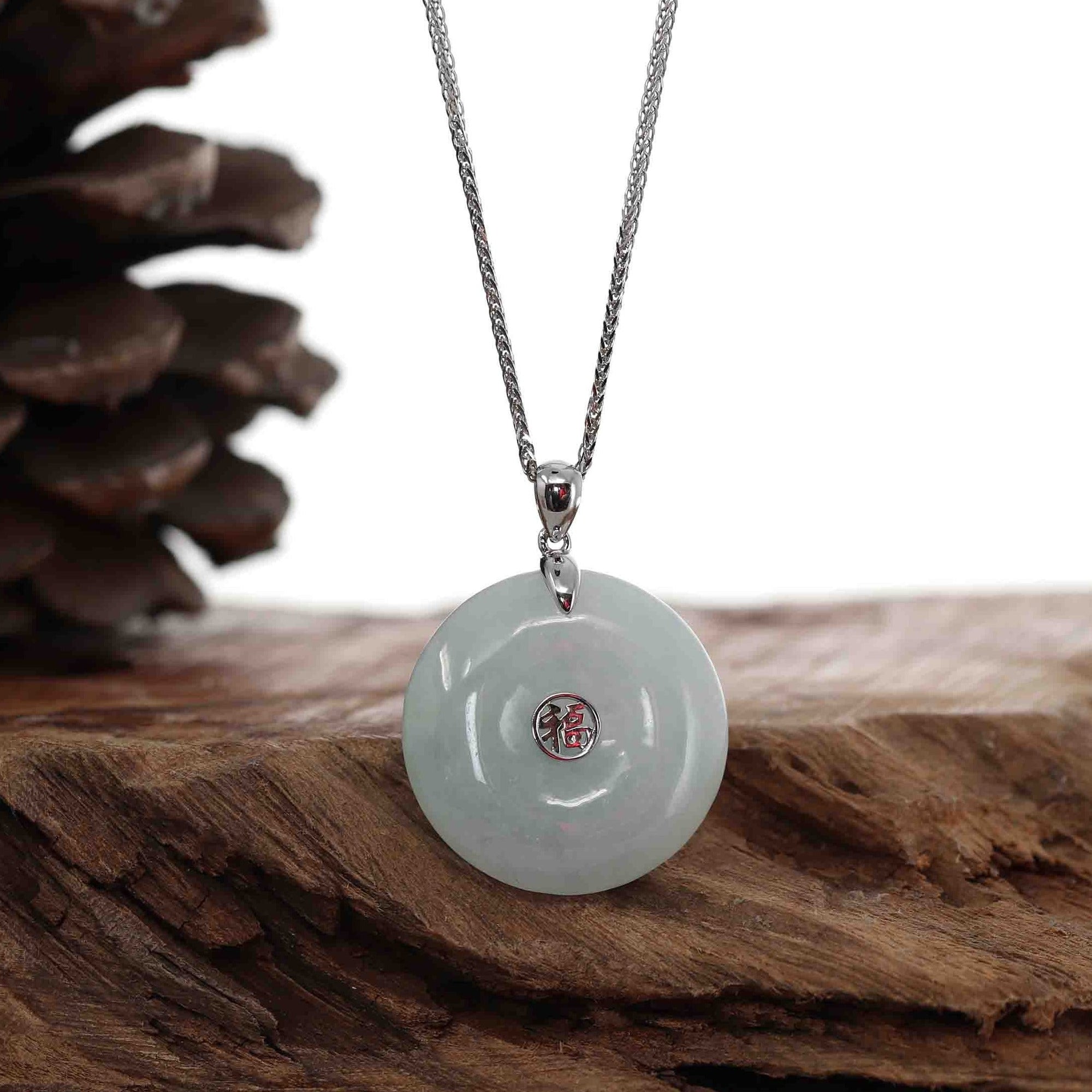 Baikalla Jewelry Gold Jadeite Jade Pendant Necklace Pendant Only 14K White Gold "Ping An Kou" Necklace Lavender Jadeite Jade Lucky KouKou Pendant Necklace