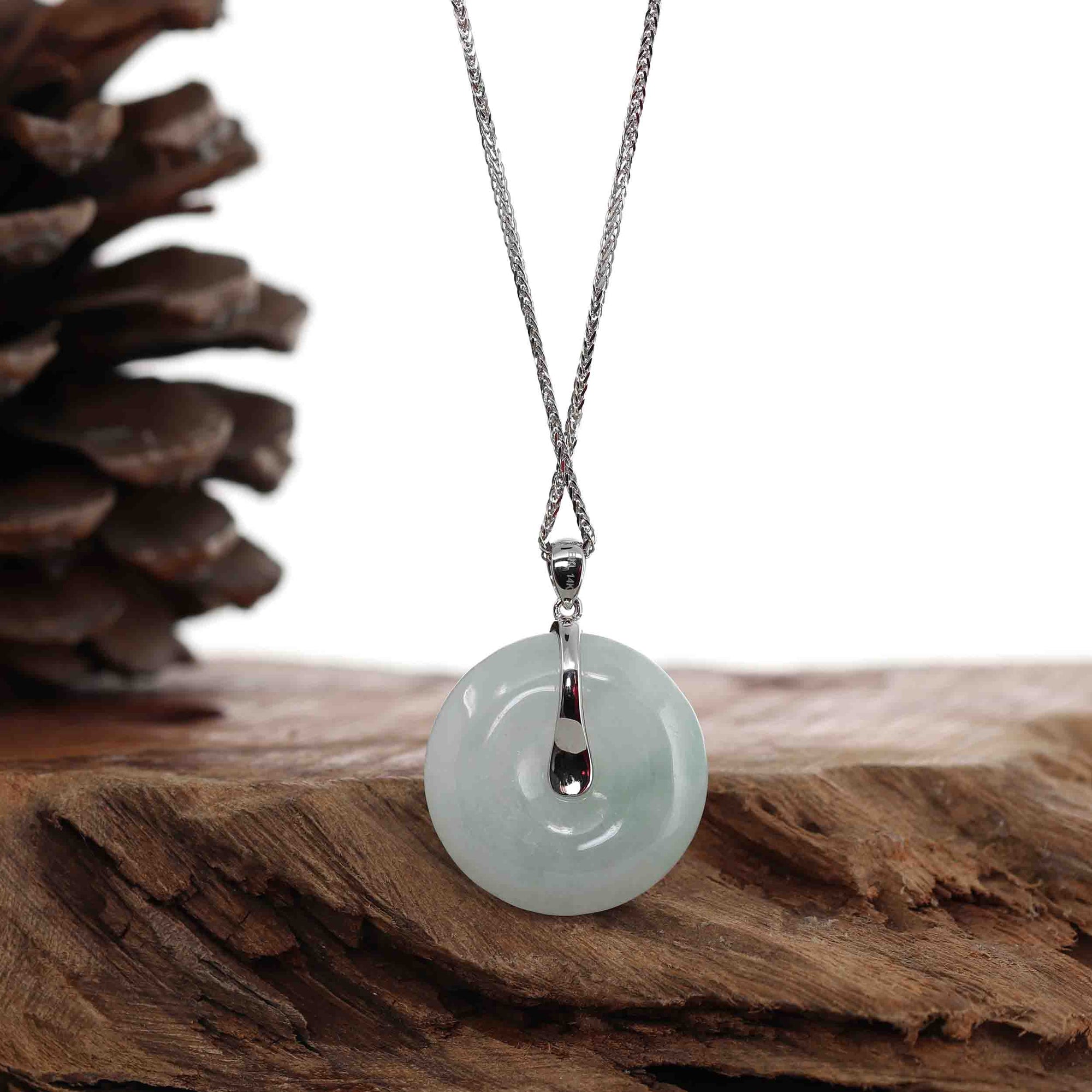 Baikalla Jewelry Gold Jadeite Jade Pendant Necklace 14K White Gold "Ping An Kou" Necklace Lavender Jadeite Jade Lucky KouKou Pendant Necklace