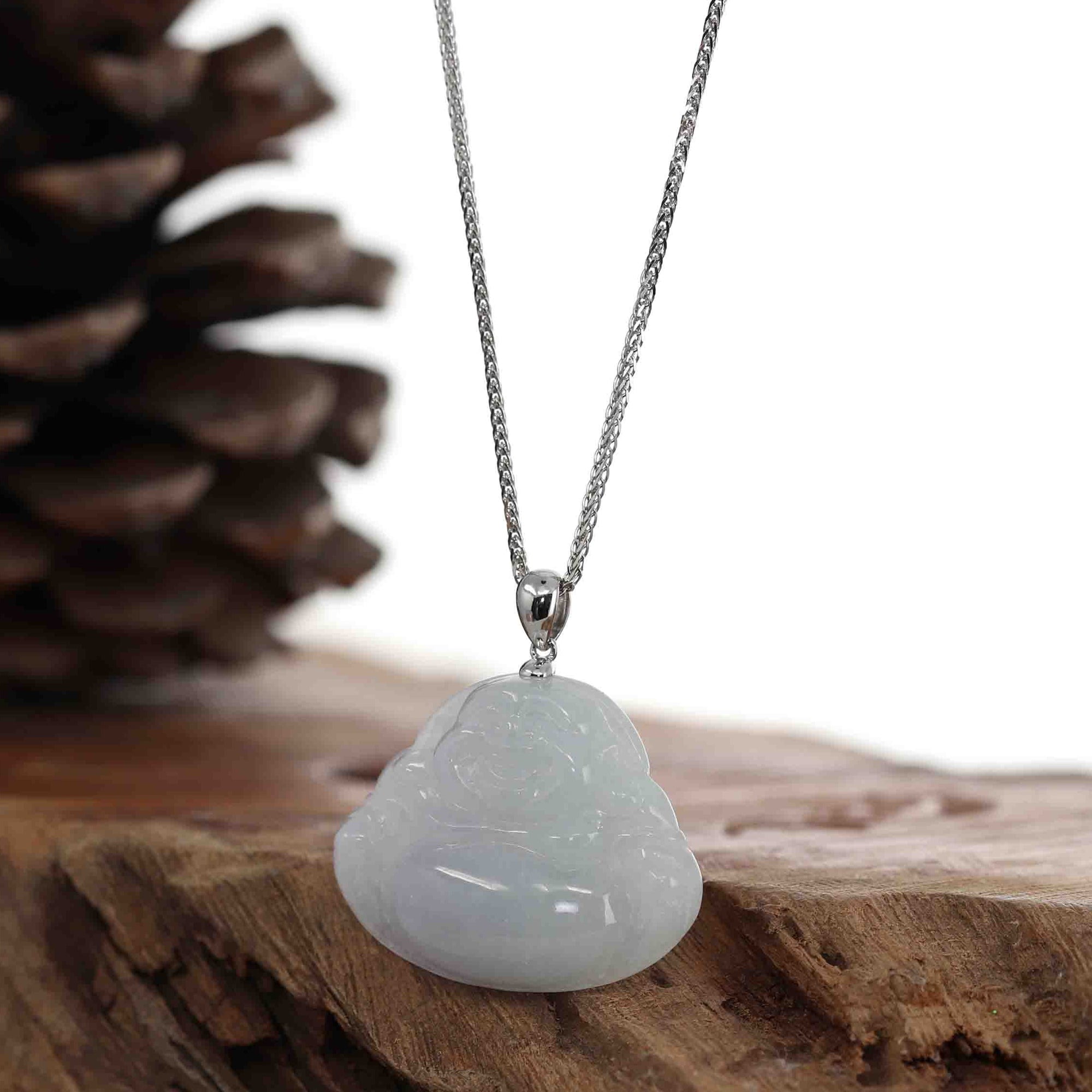 Baikalla Jewelry Jade Buddha Pendant "Laughing Buddha" 14k White Gold, Genuine Light Lavender Green Jadeite Jade Buddha Necklace