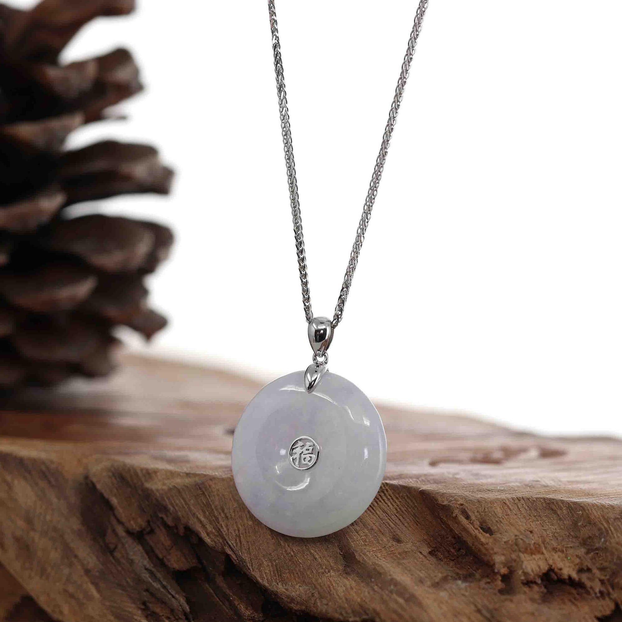 Baikalla Jewelry Gold Jadeite Jade Pendant Necklace 14k White Gold &quot;Good Luck Button&quot; Necklace Lavender Ice Jadeite Jade Lucky KouKou Pendant Necklace