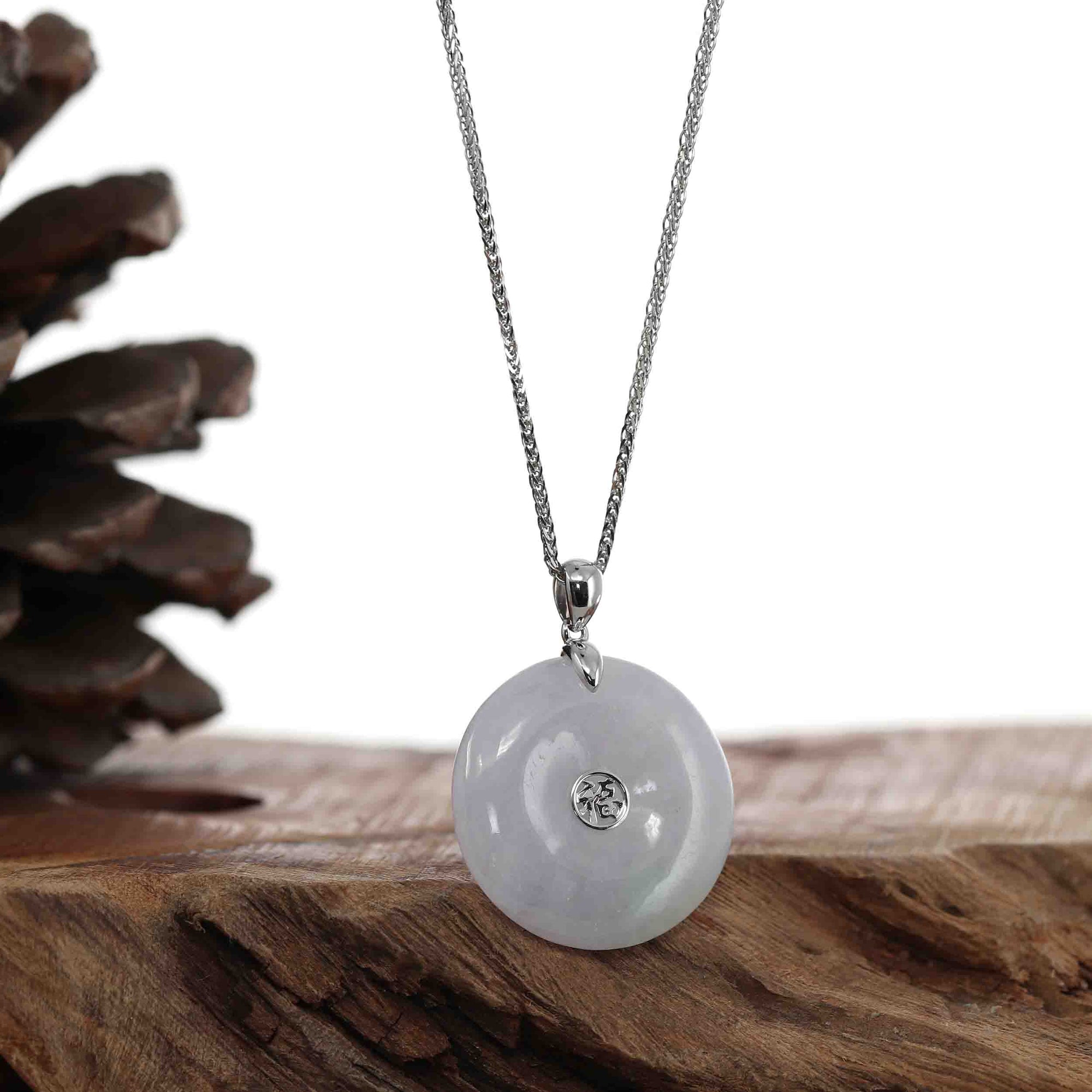 Baikalla Jewelry Gold Jadeite Jade Pendant Necklace 14k White Gold "Good Luck Button" Necklace Lavender Ice Jadeite Jade Lucky KouKou Pendant Necklace