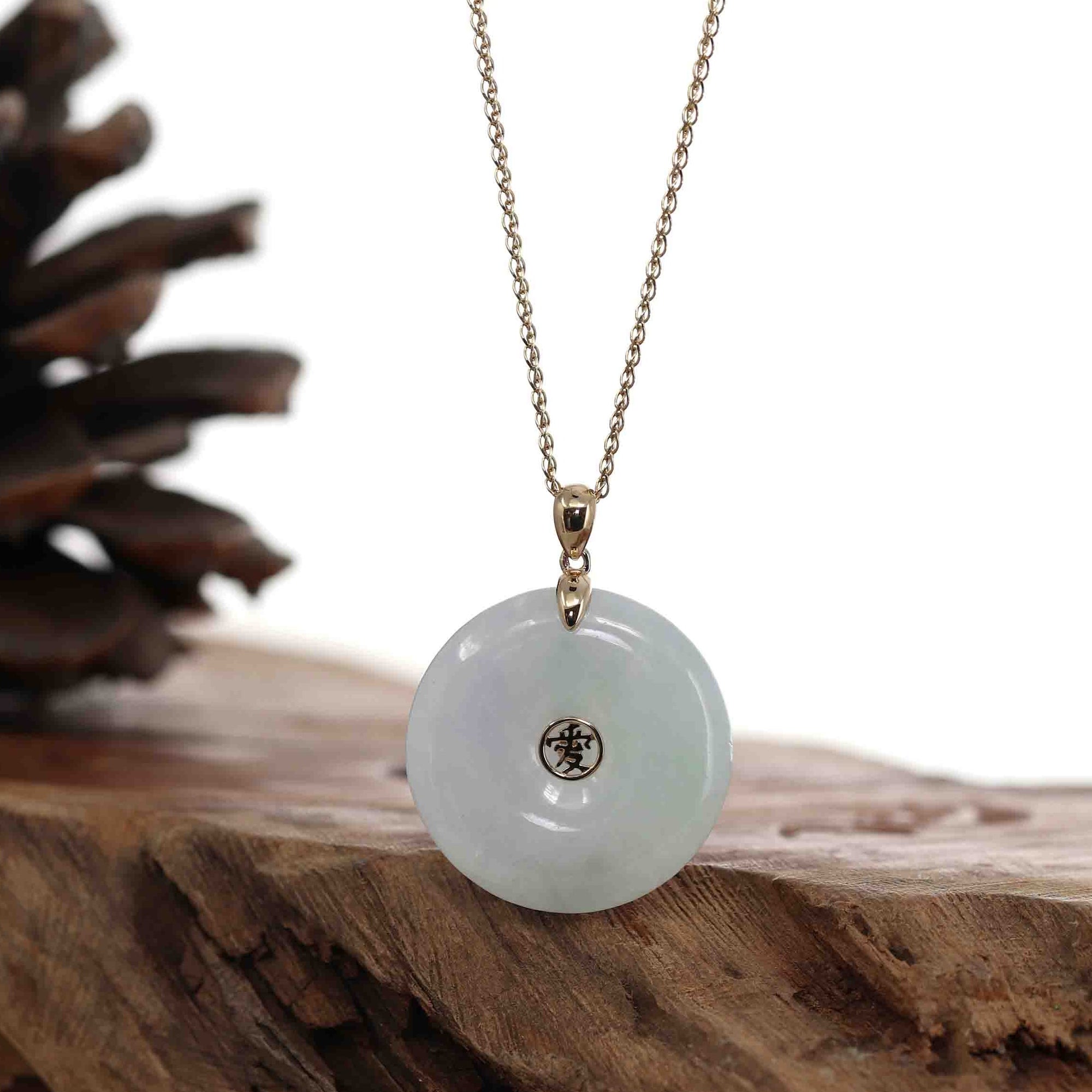 Baikalla Jewelry Gold Jadeite Jade Pendant Necklace Pendant Only "Good Luck Button" White Lavender Jadeite Jade Lucky KouKou Pendant Necklace With 14K Yellow Gold Bail