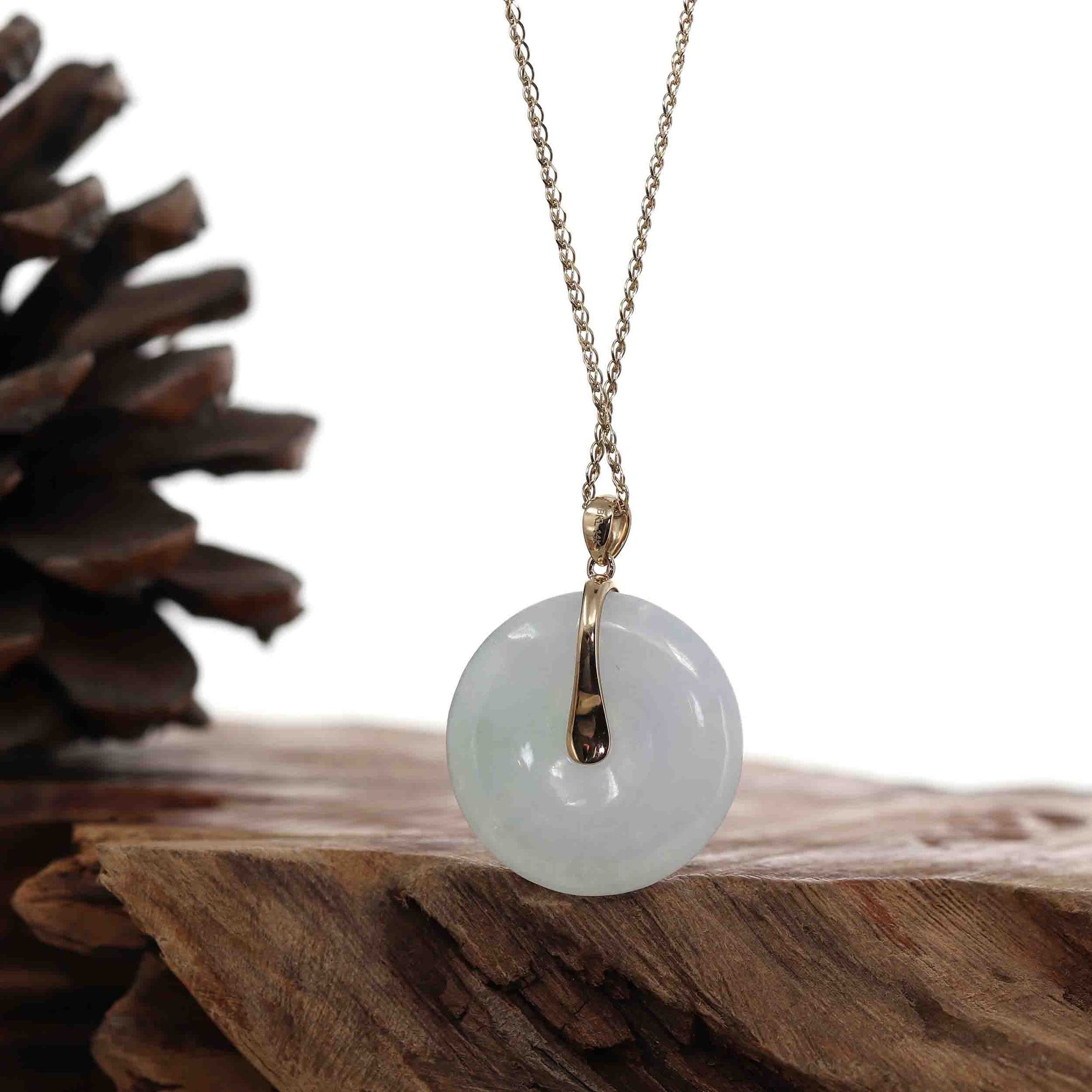 Baikalla Jewelry Gold Jadeite Jade Pendant Necklace &quot;Good Luck Button&quot; White Lavender Jadeite Jade Lucky KouKou Pendant Necklace With 14K Yellow Gold Bail