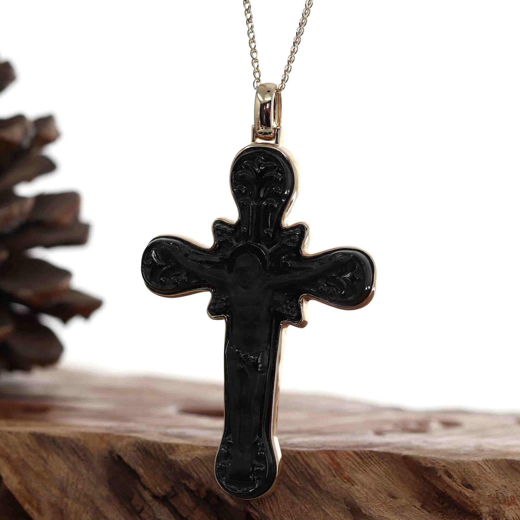 Baikalla Jewelry 24K Pure Yellow Gold Pendant 14K Yellow Gold &amp; Black Nephrite Jade Crucifix Pendant