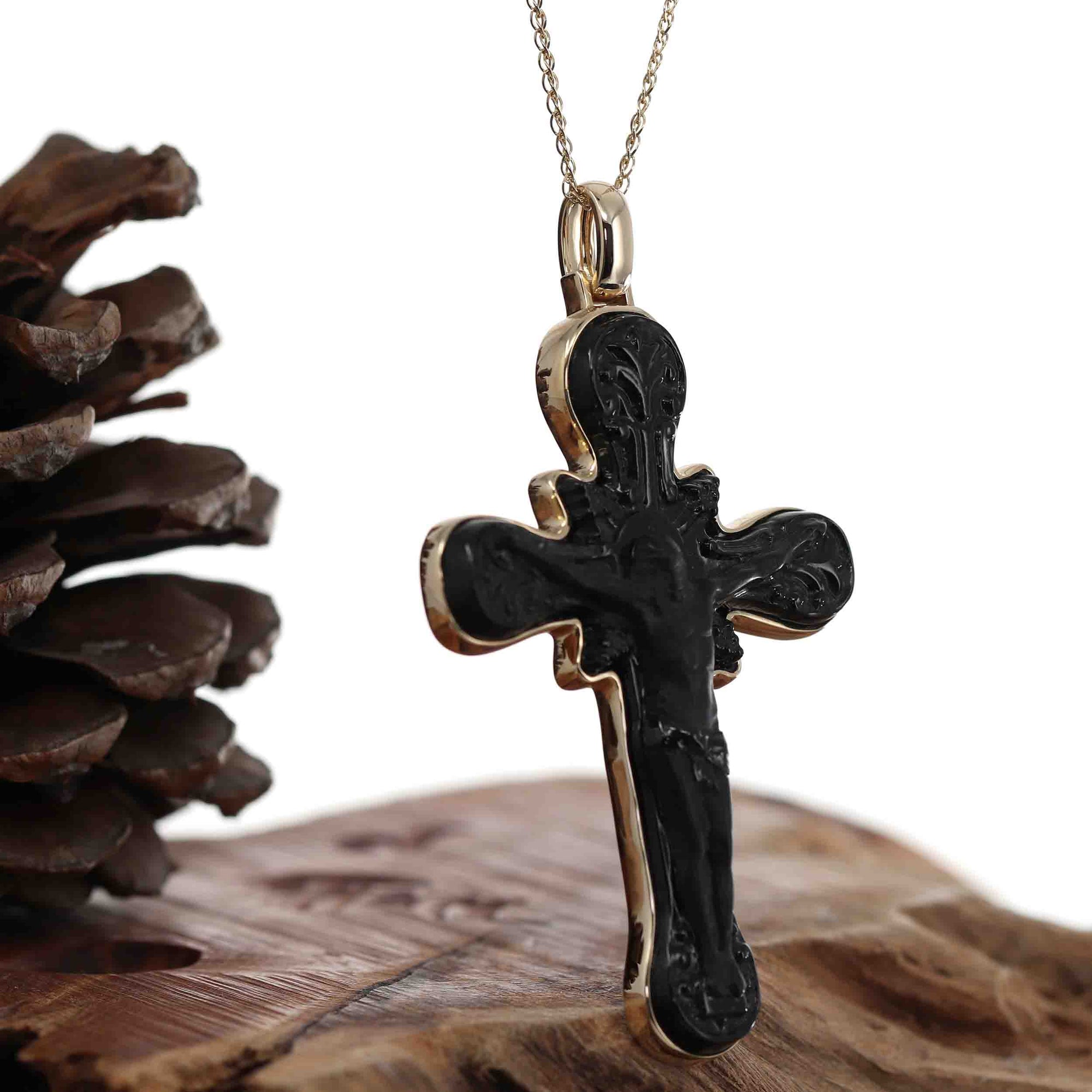 Baikalla Jewelry 24K Pure Yellow Gold Pendant 14K Yellow Gold &amp; Black Nephrite Jade Crucifix Pendant