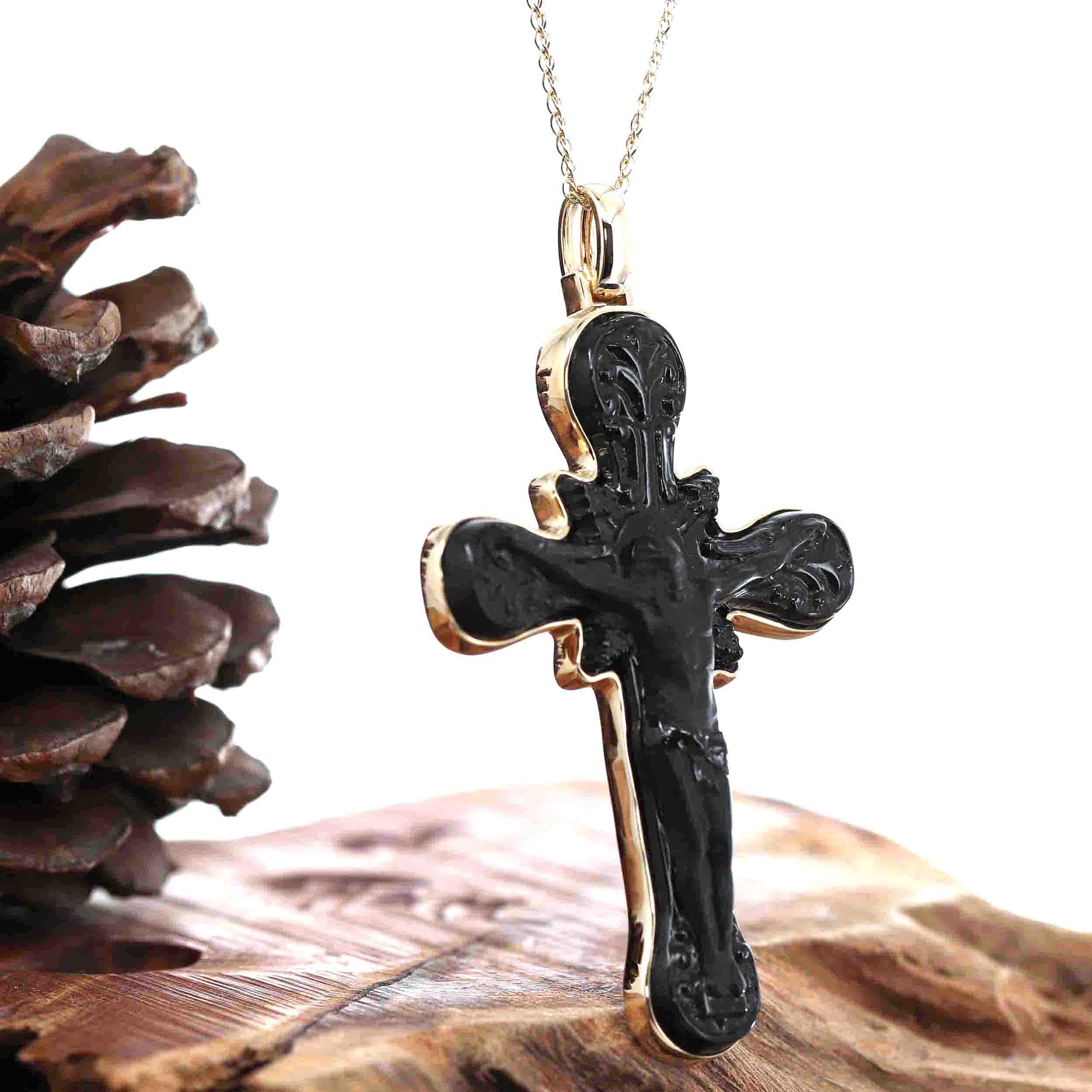 Baikalla Jewelry 24K Pure Yellow Gold Pendant Pendant Only 14K Yellow Gold & Black Nephrite Jade Crucifix Pendant