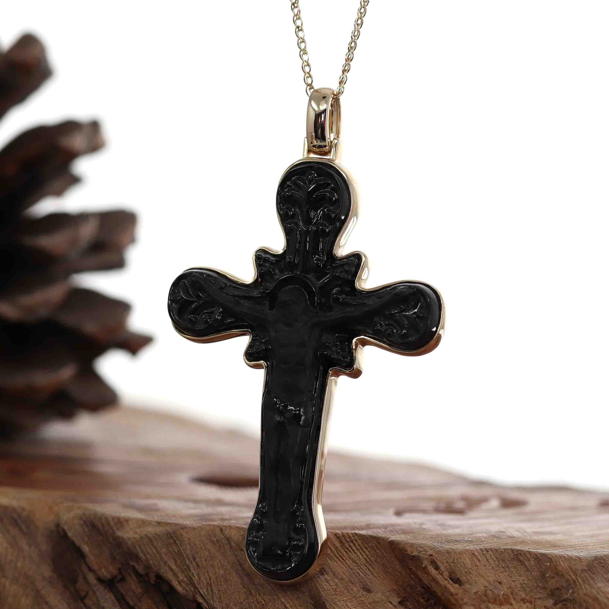 Baikalla Jewelry 24K Pure Yellow Gold Pendant 14K Yellow Gold & Black Nephrite Jade Crucifix Pendant