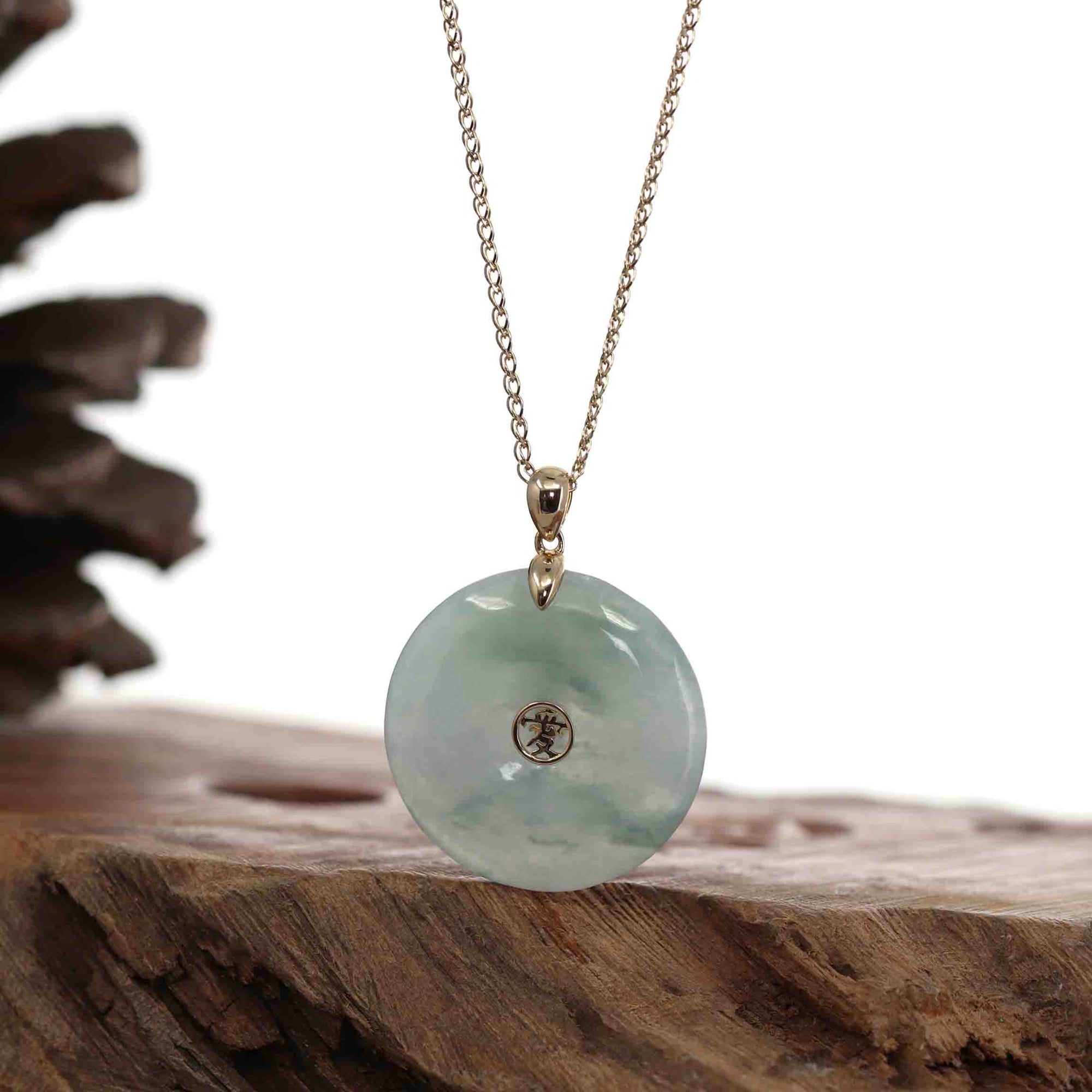 Baikalla Jewelry Gold Jadeite Jade Pendant Necklace Pendant Only "Good Luck Button" Light Lavender Green Jadeite Jade Lucky KouKou Pendant Necklace