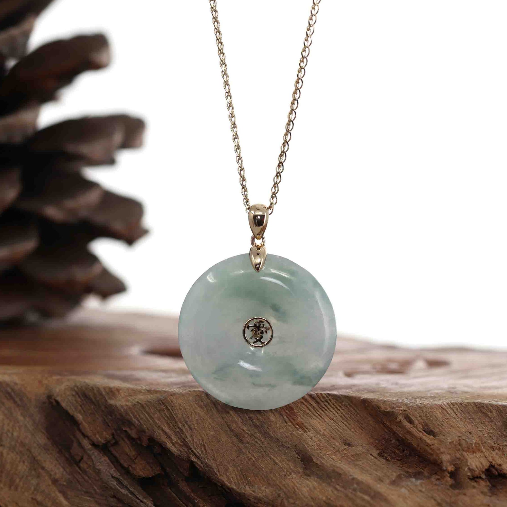 Baikalla Jewelry Gold Jadeite Jade Pendant Necklace "Good Luck Button" Light Lavender Green Jadeite Jade Lucky KouKou Pendant Necklace