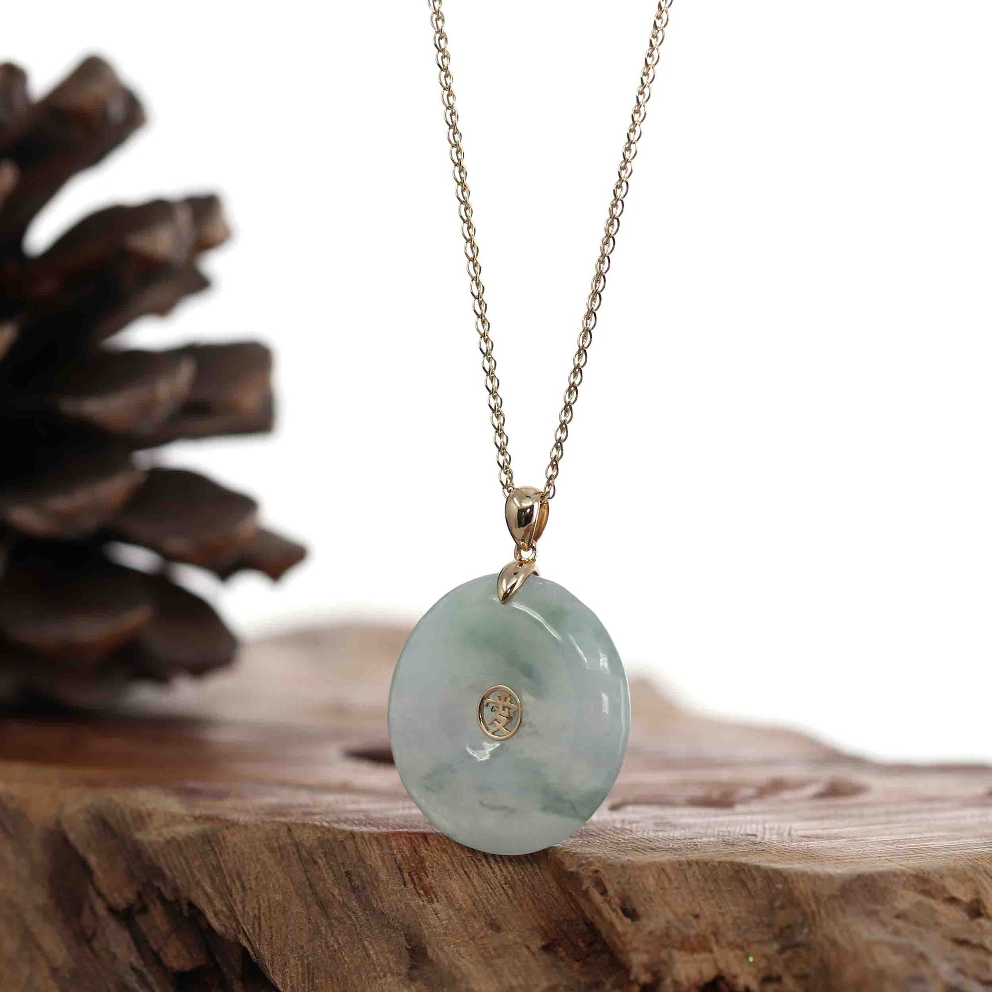 Baikalla Jewelry Gold Jadeite Jade Pendant Necklace "Good Luck Button" Light Lavender Green Jadeite Jade Lucky KouKou Pendant Necklace