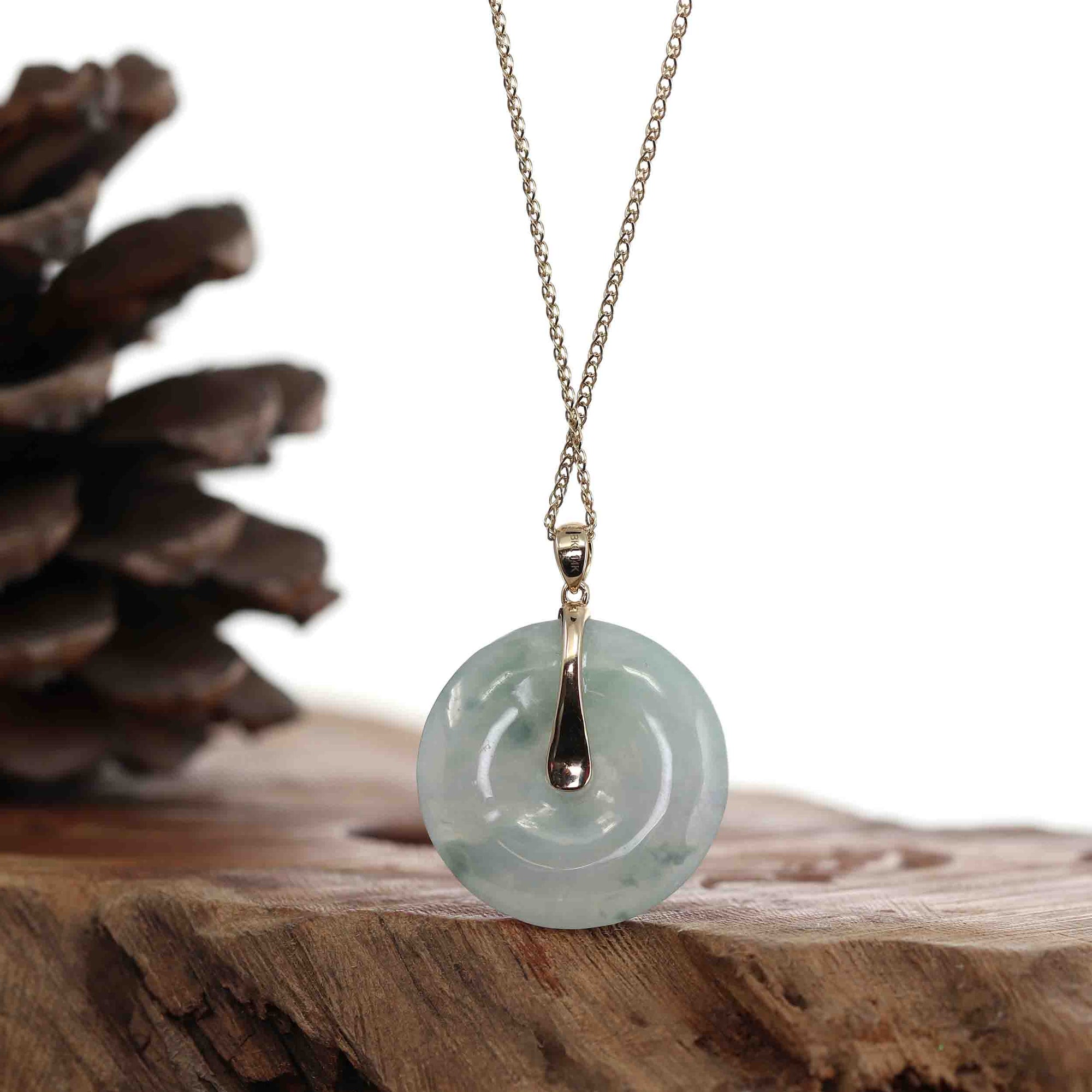 Baikalla Jewelry Gold Jadeite Jade Pendant Necklace "Good Luck Button" Light Lavender Green Jadeite Jade Lucky KouKou Pendant Necklace