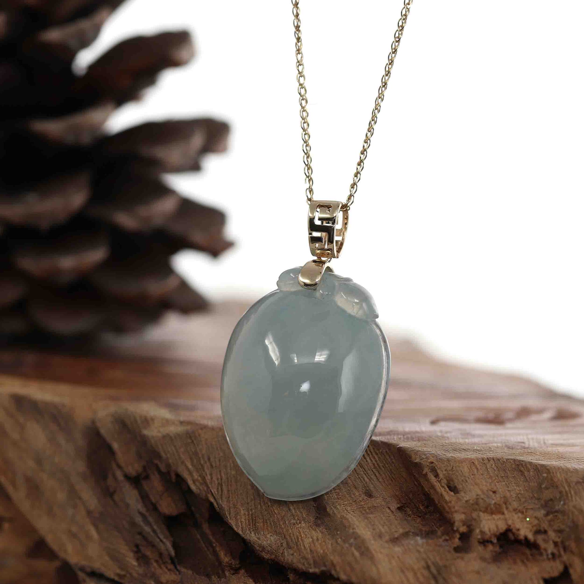 Baikalla Jewelry Jade Pendant Natural Icy Jadeite Jade Shou Tao ( longevity Peach ) Necklace With 14k Yellow Gold Bail