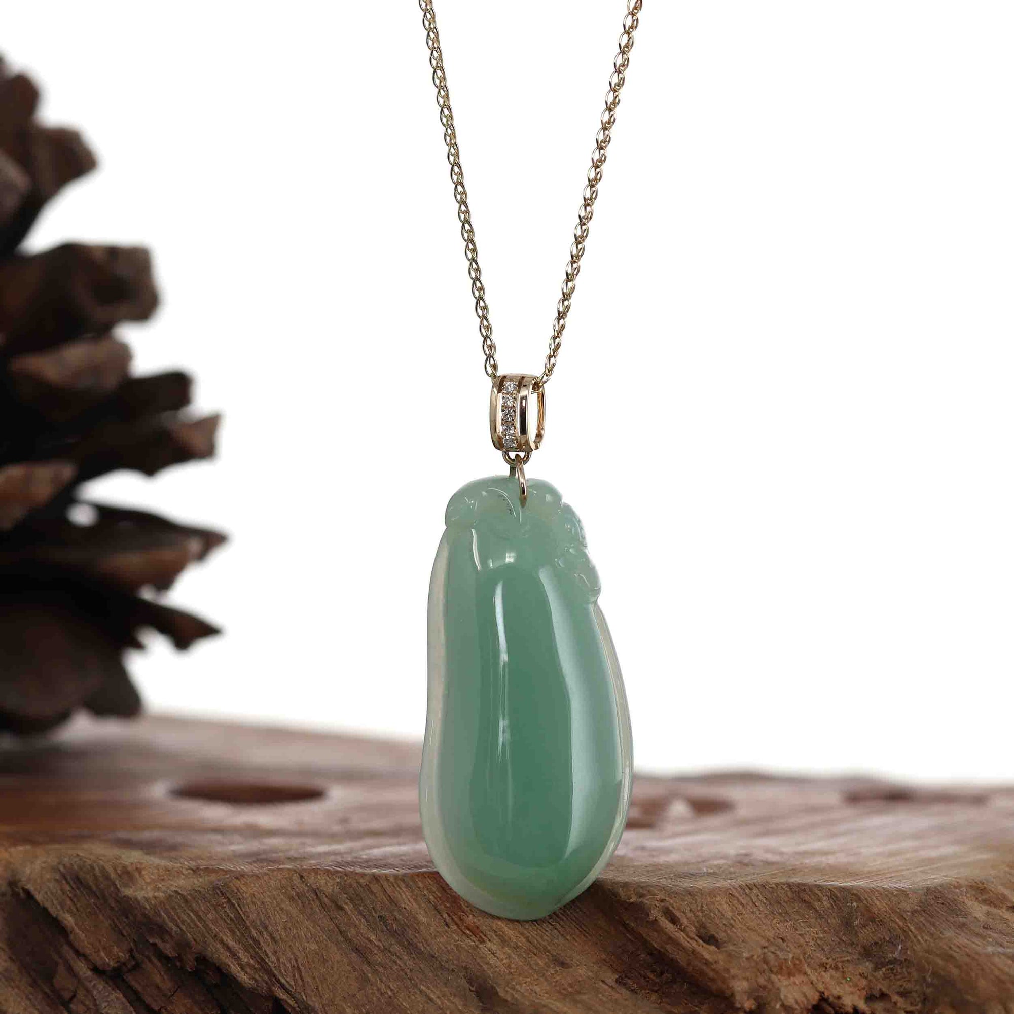 Baikalla Jewelry Jade Pendant Baikalla Natural Green Jadeite Jade Shou Tao ( Longevity Peach ) Necklace With 14k Yellow Gold VS1 Diamond Bail