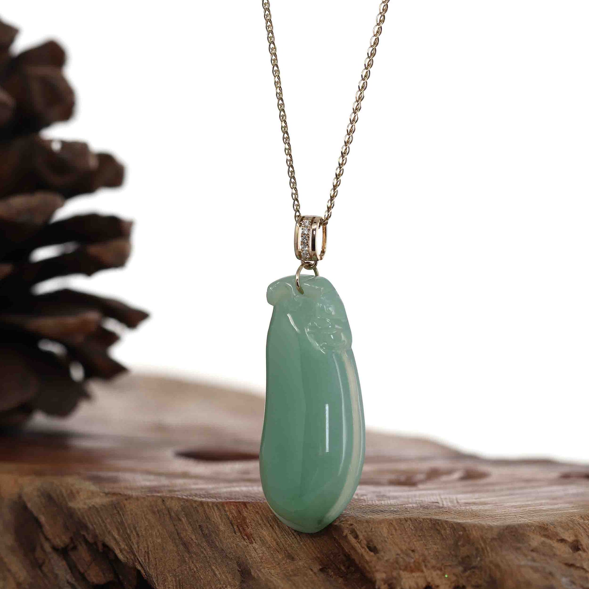 Baikalla Jewelry Jade Pendant Pendant Only Baikalla Natural Green Jadeite Jade Shou Tao ( Longevity Peach ) Necklace With 14k Yellow Gold VS1 Diamond Bail