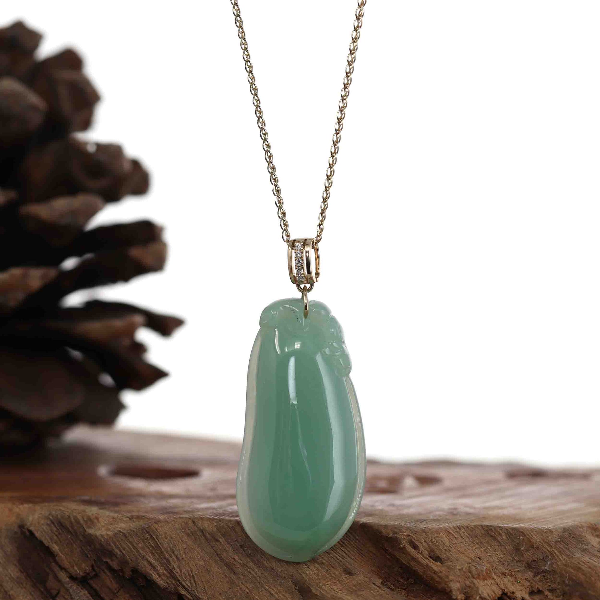 Baikalla Jewelry Jade Pendant Baikalla Natural Green Jadeite Jade Shou Tao ( Longevity Peach ) Necklace With 14k Yellow Gold VS1 Diamond Bail