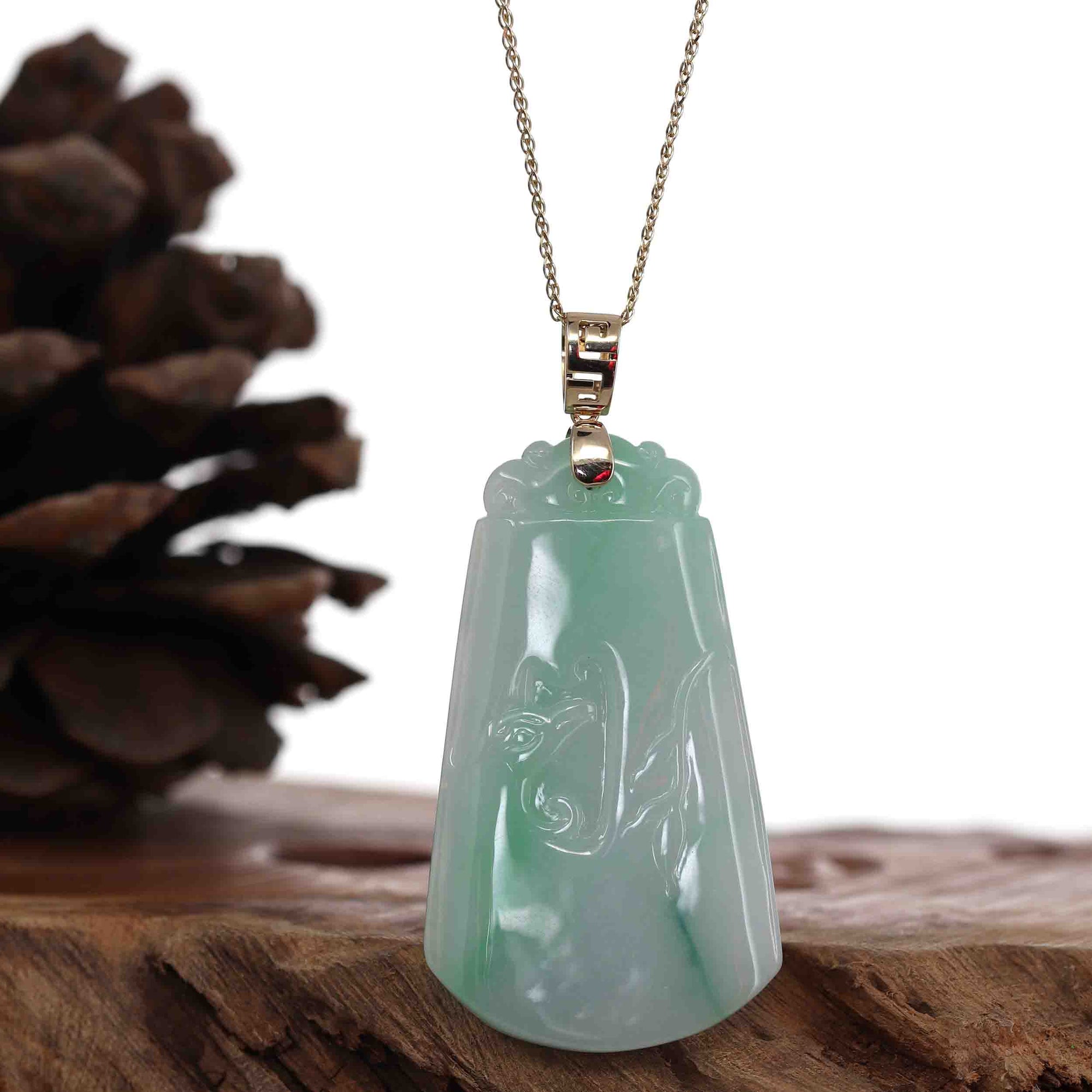 Baikalla Jewelry Jade Guanyin Pendant Necklace Baikalla Genuine Green Jadeite Jade " Ping An Wu Shi Pai "  Pendant With Gold Bail