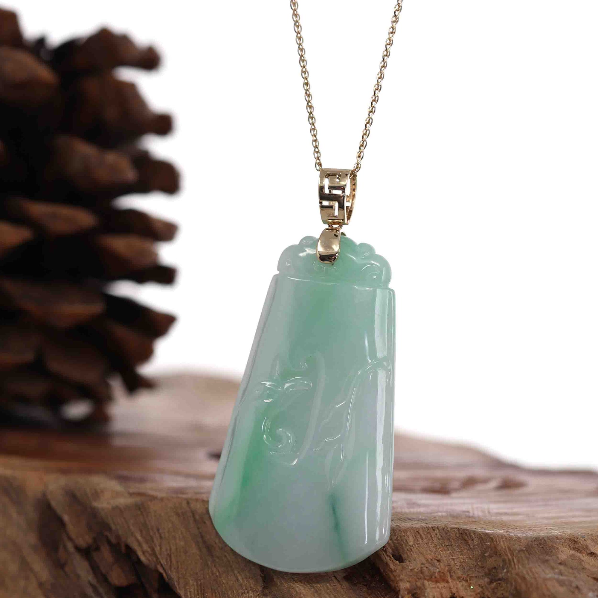 Baikalla Jewelry Jade Guanyin Pendant Necklace Baikalla Genuine Green Jadeite Jade " Ping An Wu Shi Pai "  Pendant With Gold Bail