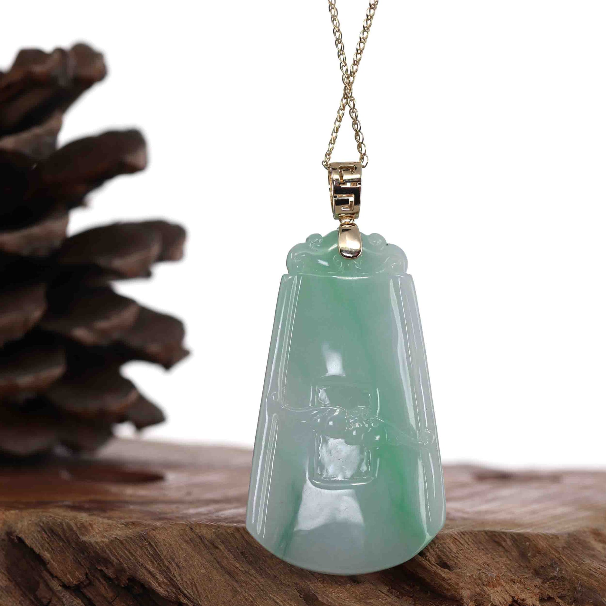 Baikalla Jewelry Jade Guanyin Pendant Necklace Baikalla Genuine Green Jadeite Jade " Ping An Wu Shi Pai "  Pendant With Gold Bail