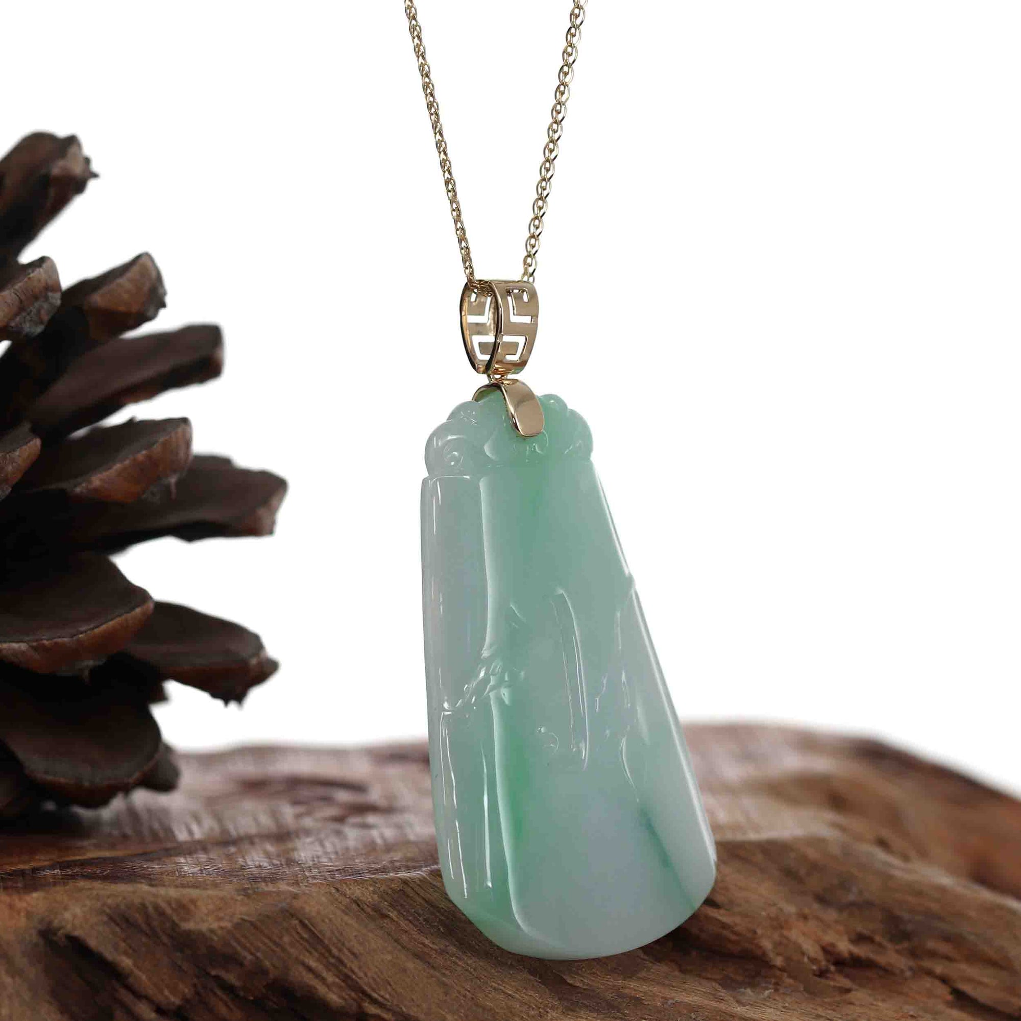 Baikalla Jewelry Jade Guanyin Pendant Necklace Baikalla Genuine Green Jadeite Jade " Ping An Wu Shi Pai "  Pendant With Gold Bail