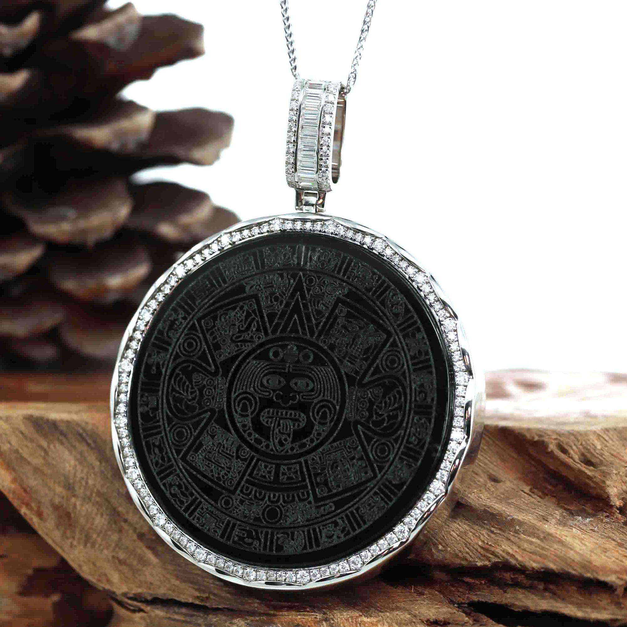 Baikalla Jewelry 24K Pure Yellow Gold Pendant Baikalla &quot;Aztec Calendar&quot; Genuine Black Nephrite Jade Pendant withVVS1 DEF Moissanite