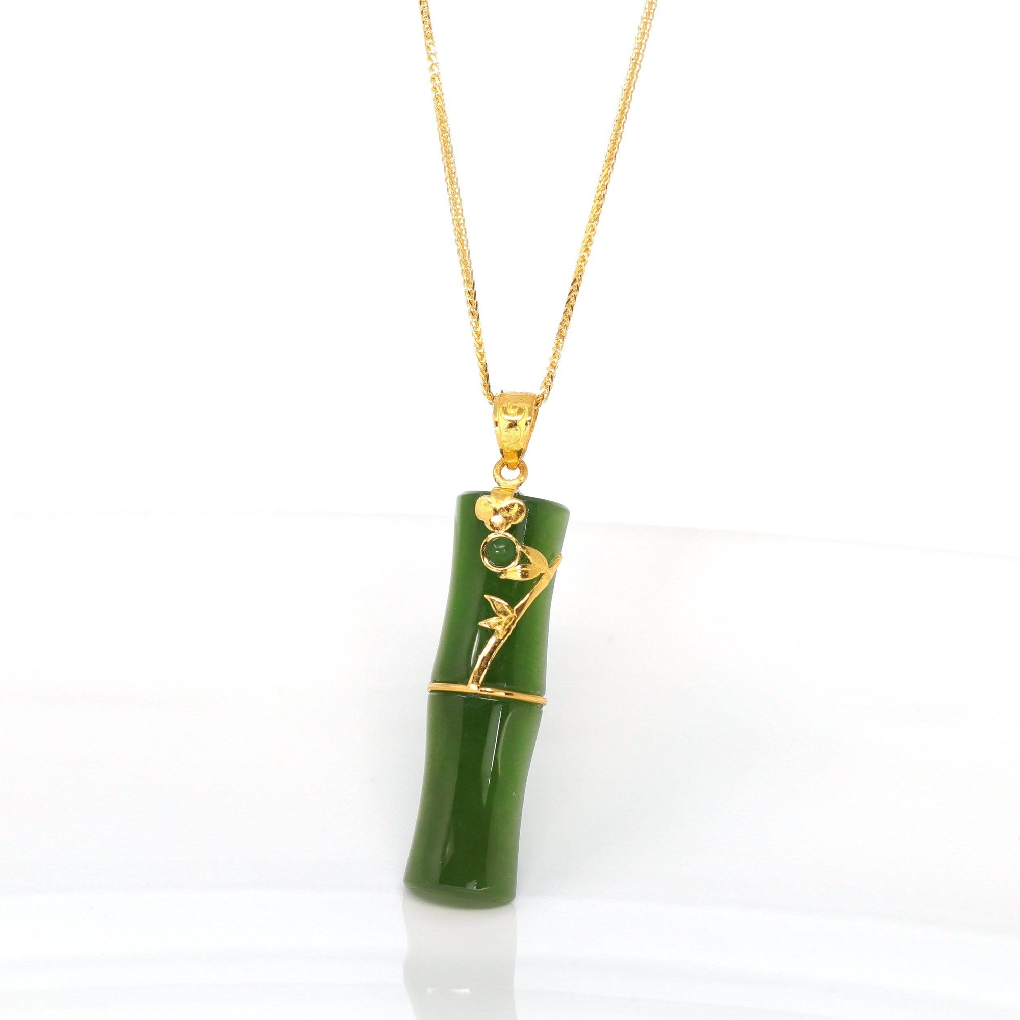 Baikalla Jewelry Gold Jade Necklace 24k Yellow Gold Genuine Nephrite Apple Green Jade Bamboo Pendant Necklace