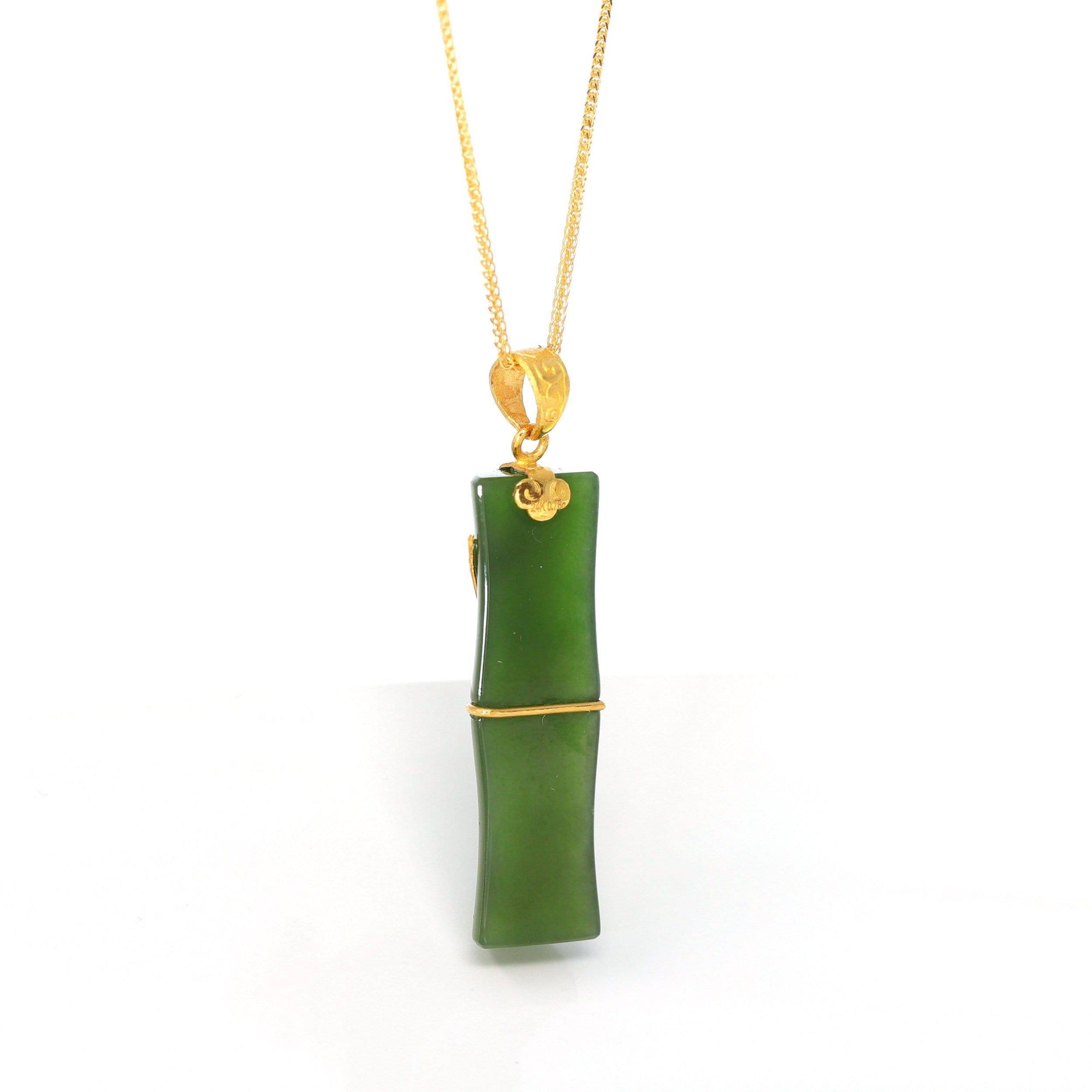 Baikalla Jewelry Gold Jade Necklace 24k Yellow Gold Genuine Nephrite Apple Green Jade Bamboo Pendant Necklace