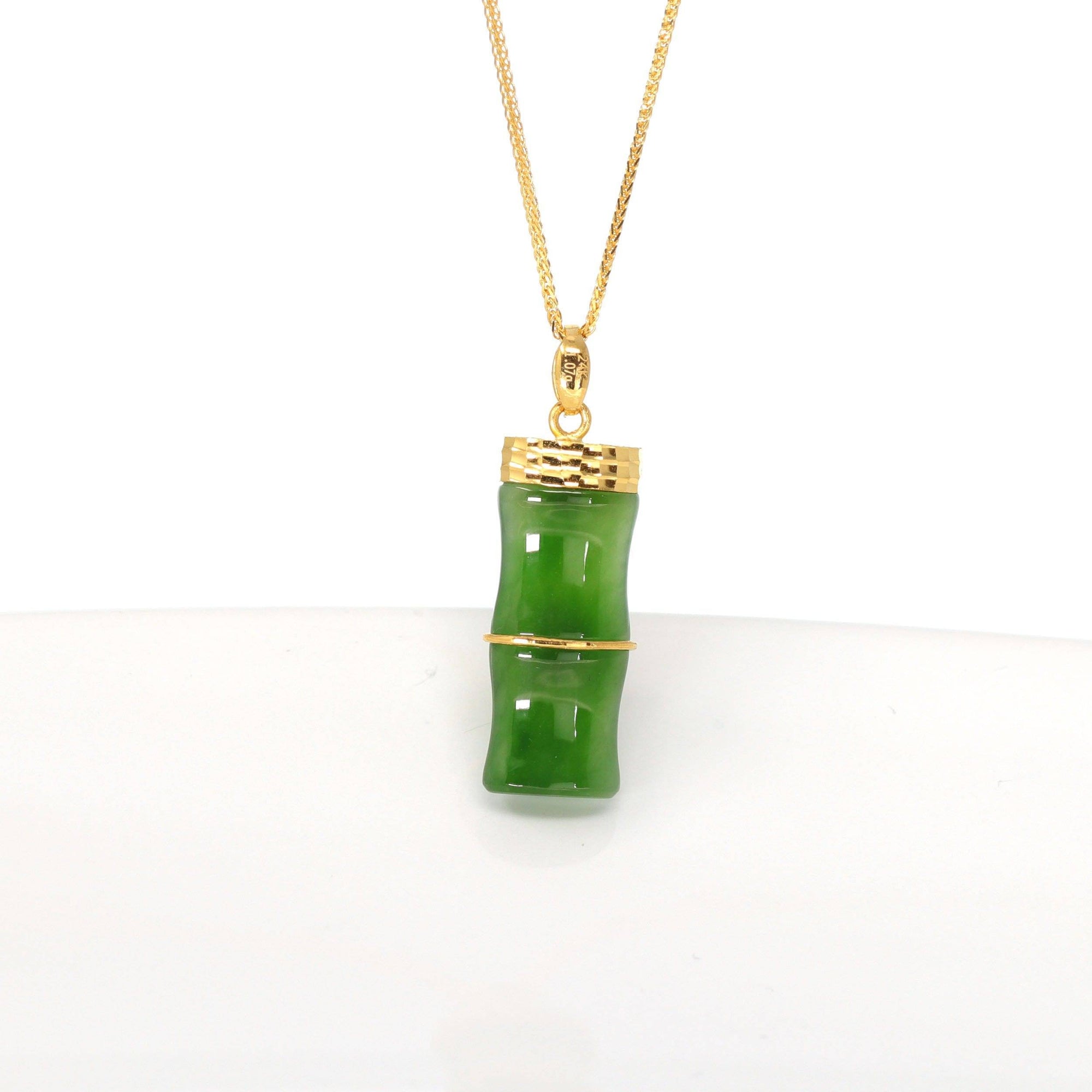 Baikalla Jewelry Gold Jade Necklace 24k Yellow Gold Genuine Nephrite Green Jade Bamboo Pendant Necklace