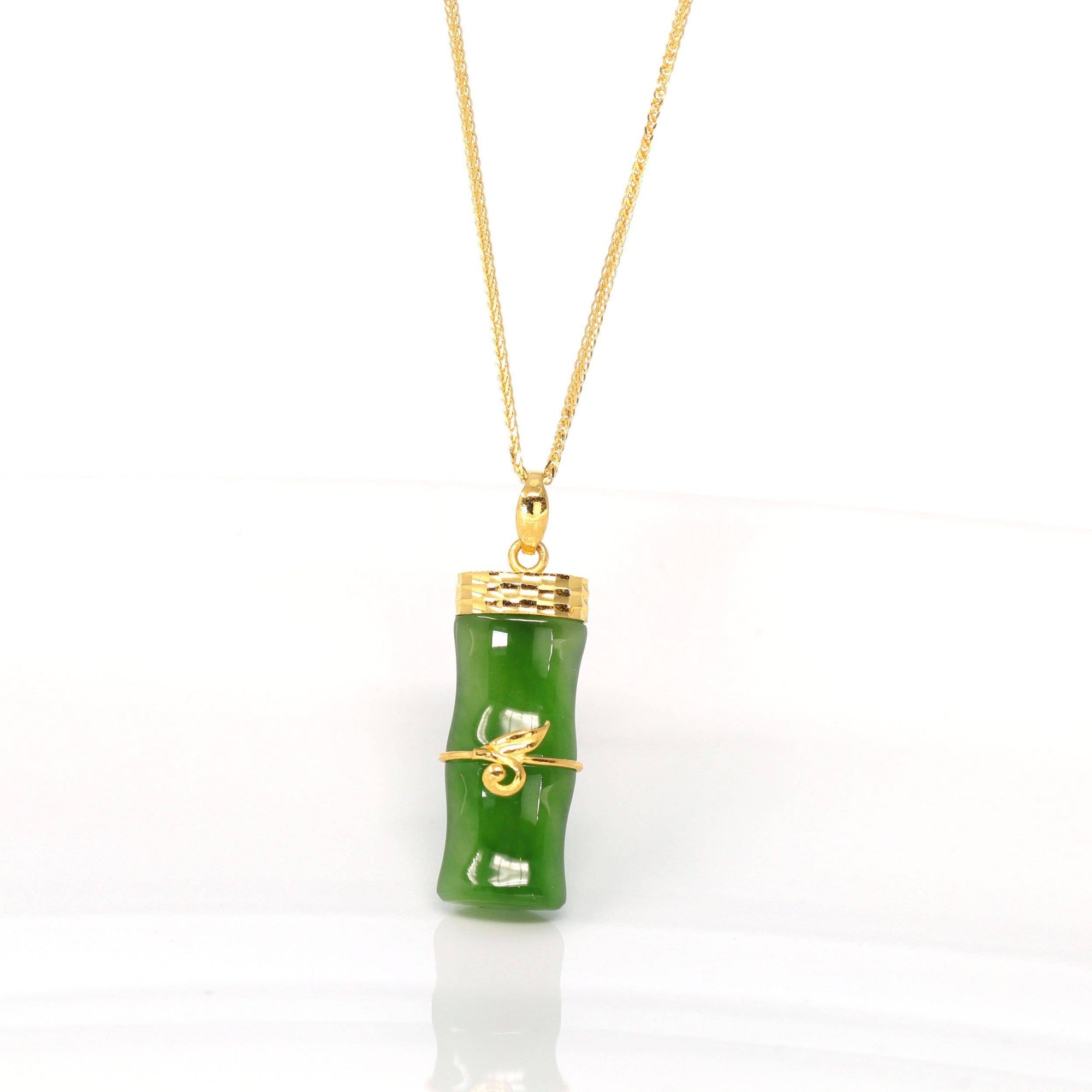 Baikalla Jewelry Gold Jade Necklace 24k Yellow Gold Genuine Nephrite Green Jade Bamboo Pendant Necklace