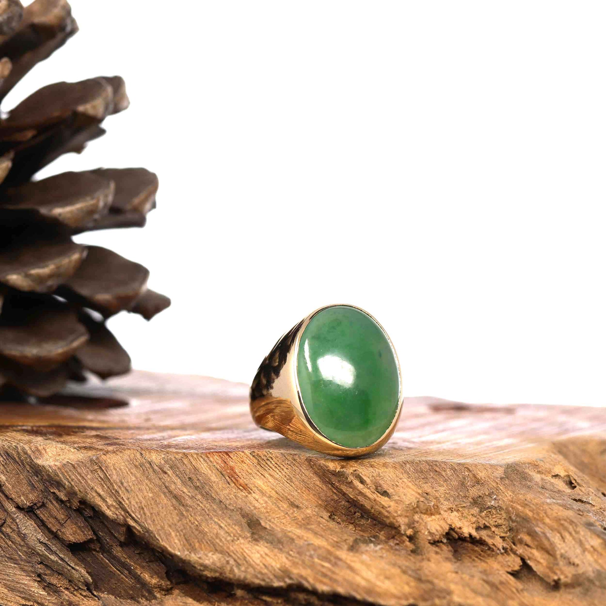 Baikalla Jewelry Gold Jadeite Jade Ring Baikalla &quot;Classic Oval Signet&quot; 14k Genuine Forest Green Old mine Jadeite Jade Men&#39;s Ring