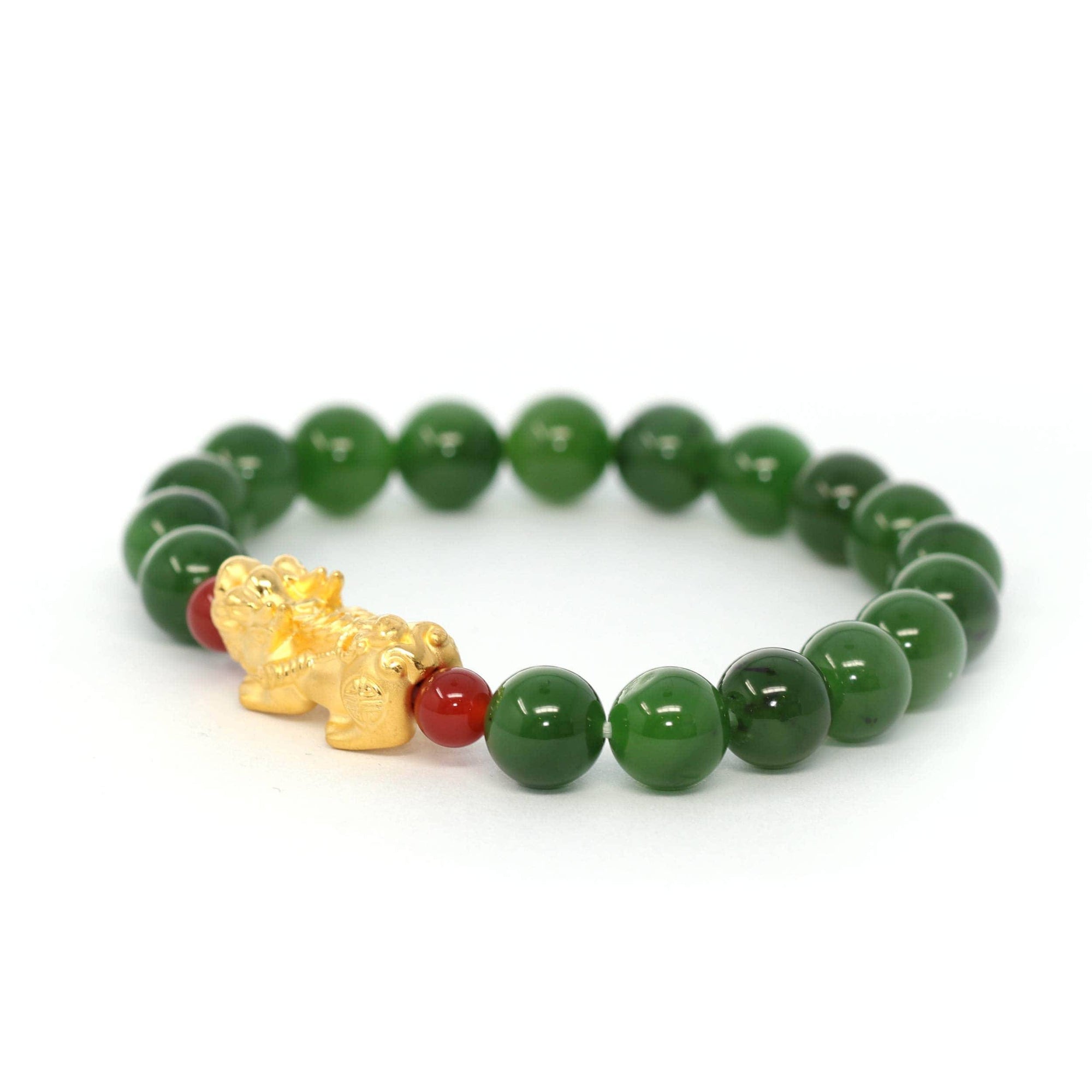 Baikalla Jewelry jade beads bracelet 24K Pure Yellow Gold PiXiu With Genuine Green Jade Round Beads Bracelet Bangle ( 9.5 mm )