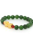 Baikalla Jewelry jade beads bracelet 24K Pure Yellow Gold PiXiu With Genuine Green Jade Round Beads Bracelet Bangle ( 9.5 mm )