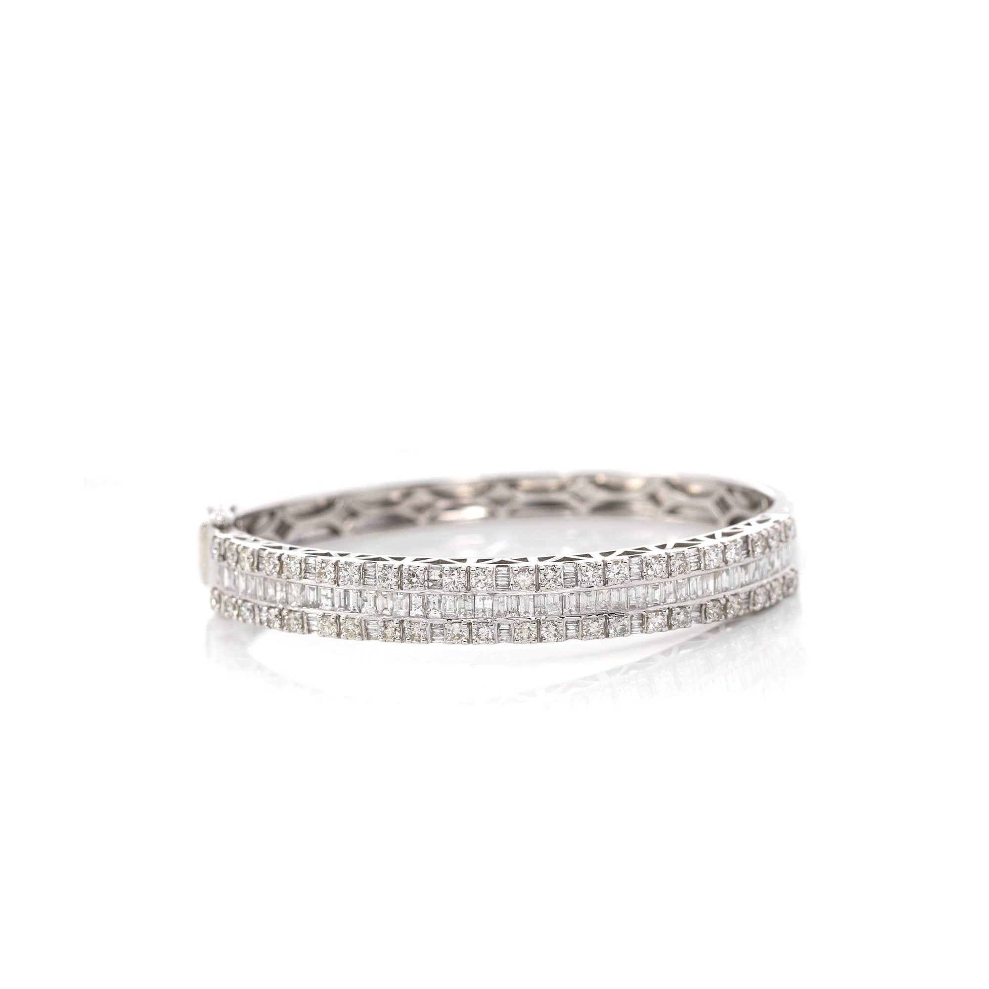 Baikalla Jewelry Gold Diamond Bangle Bracelet 10k White Gold Channel set baguette& round diamonds Oval Bangle Bracelet