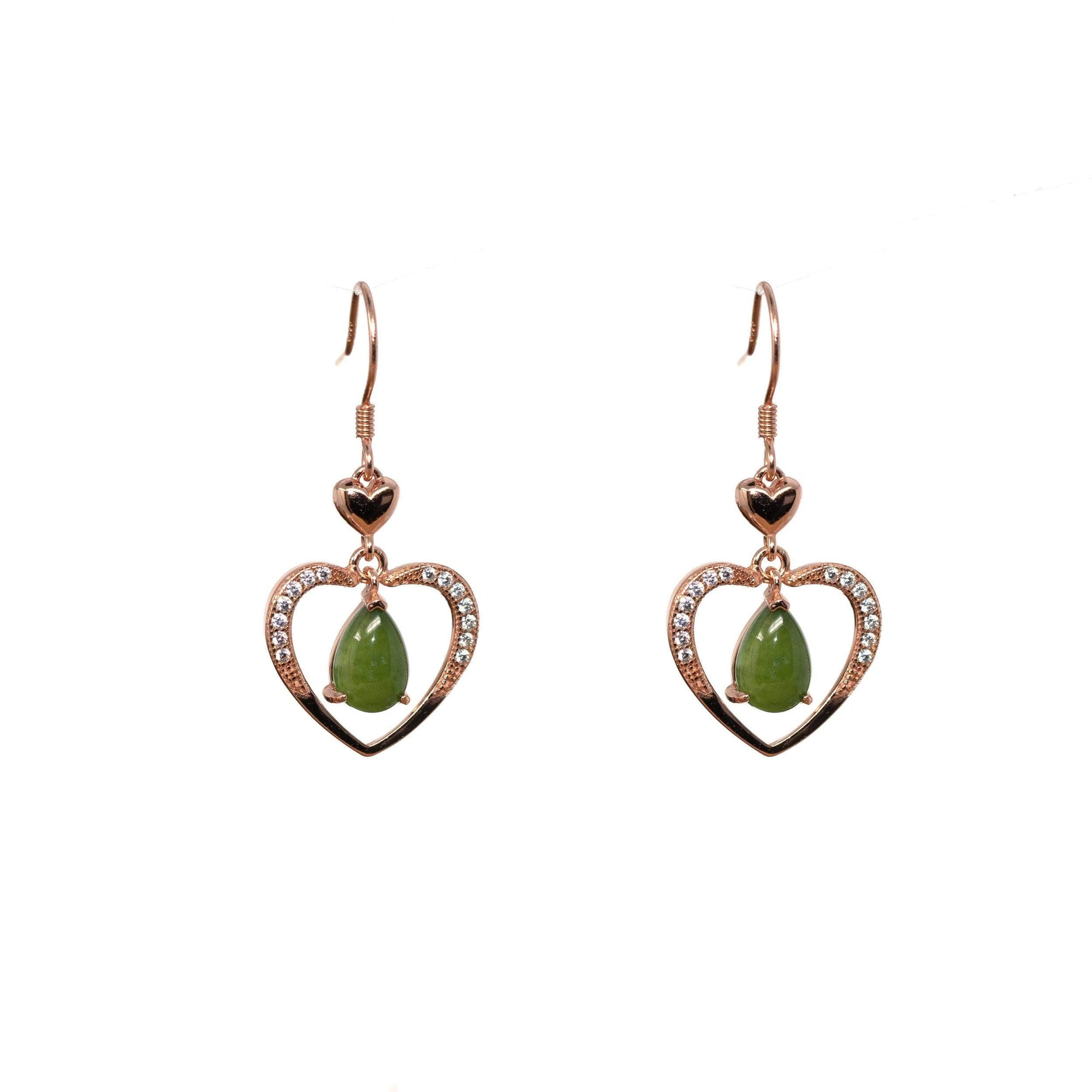 Baikalla Jewelry Silver Gemstone Earrings Baikalla "Love Earrings" Sterling Silver Genuine Nephrite Green Jade Dangle Earrings With CZ