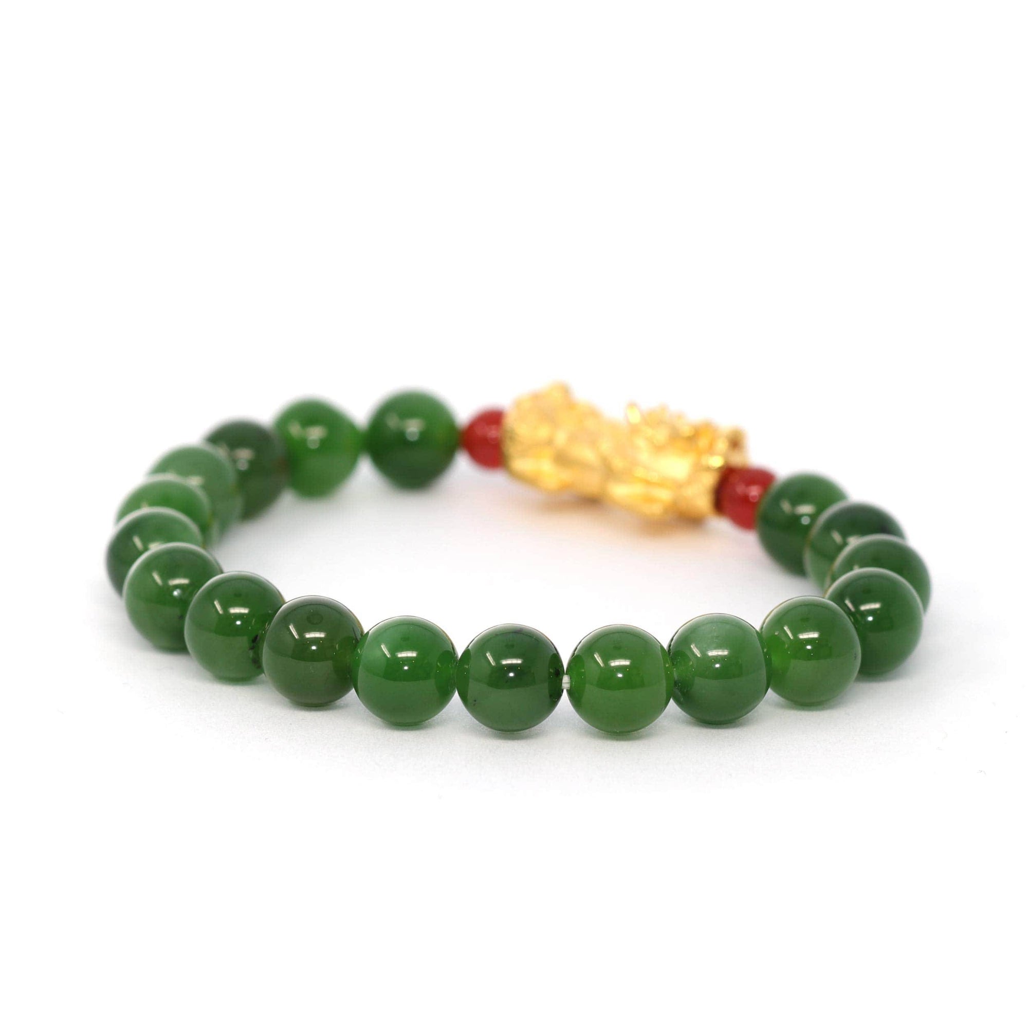 Baikalla Jewelry jade beads bracelet 24K Pure Yellow Gold PiXiu With Genuine Green Jade Round Beads Bracelet Bangle ( 9.5 mm )