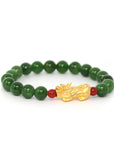 Baikalla Jewelry jade beads bracelet 24K Pure Yellow Gold PiXiu With Genuine Green Jade Round Beads Bracelet Bangle ( 9.5 mm )