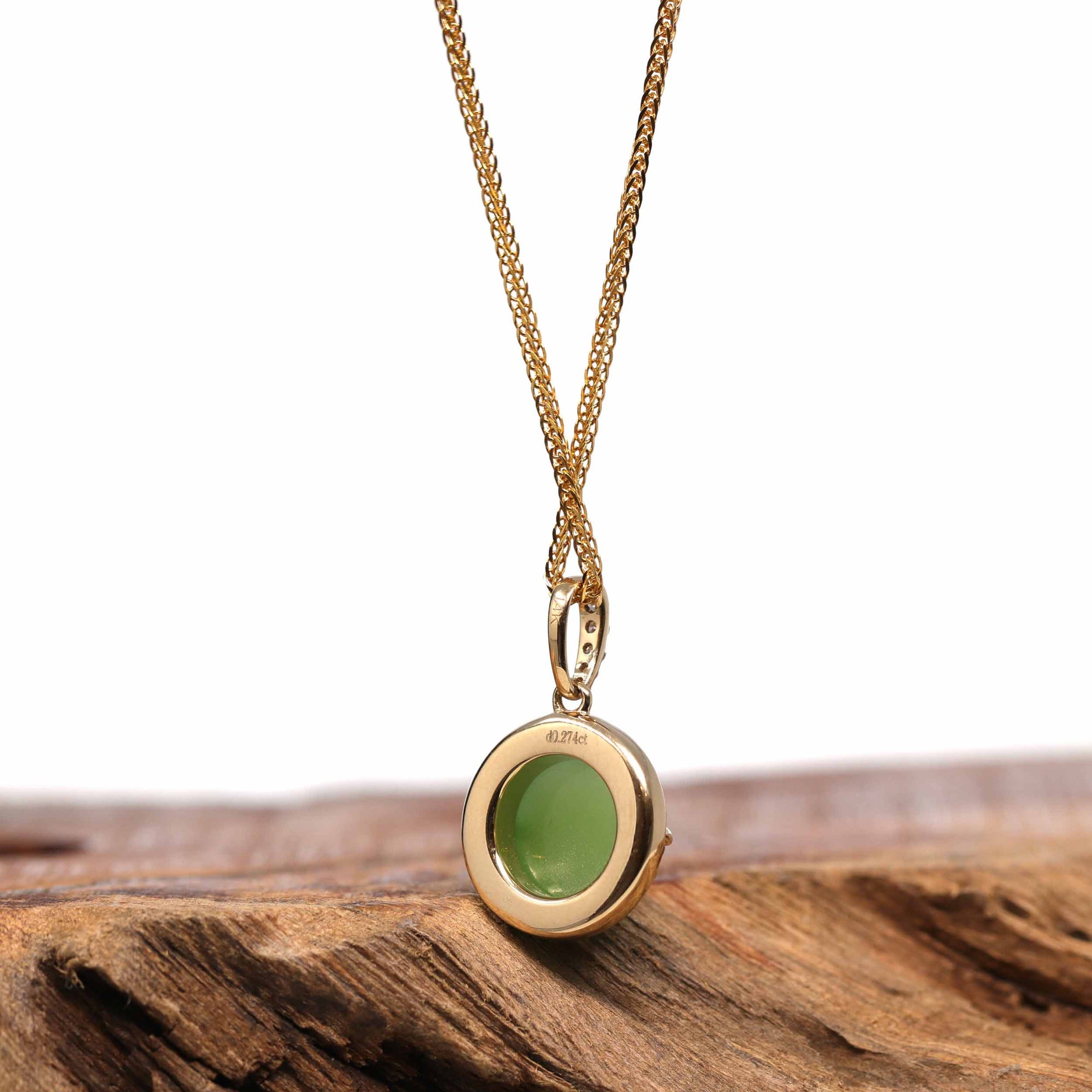 Baikalla Jewelry Gold Jade Pendant 14K Gold Genuine Green Apple Green Jade Circle Pendant Necklace With VS1 Diamond