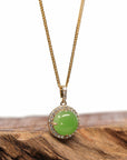 Baikalla Jewelry Gold Jade Pendant 14K Gold Genuine Green Apple Green Jade Circle Pendant Necklace With VS1 Diamond