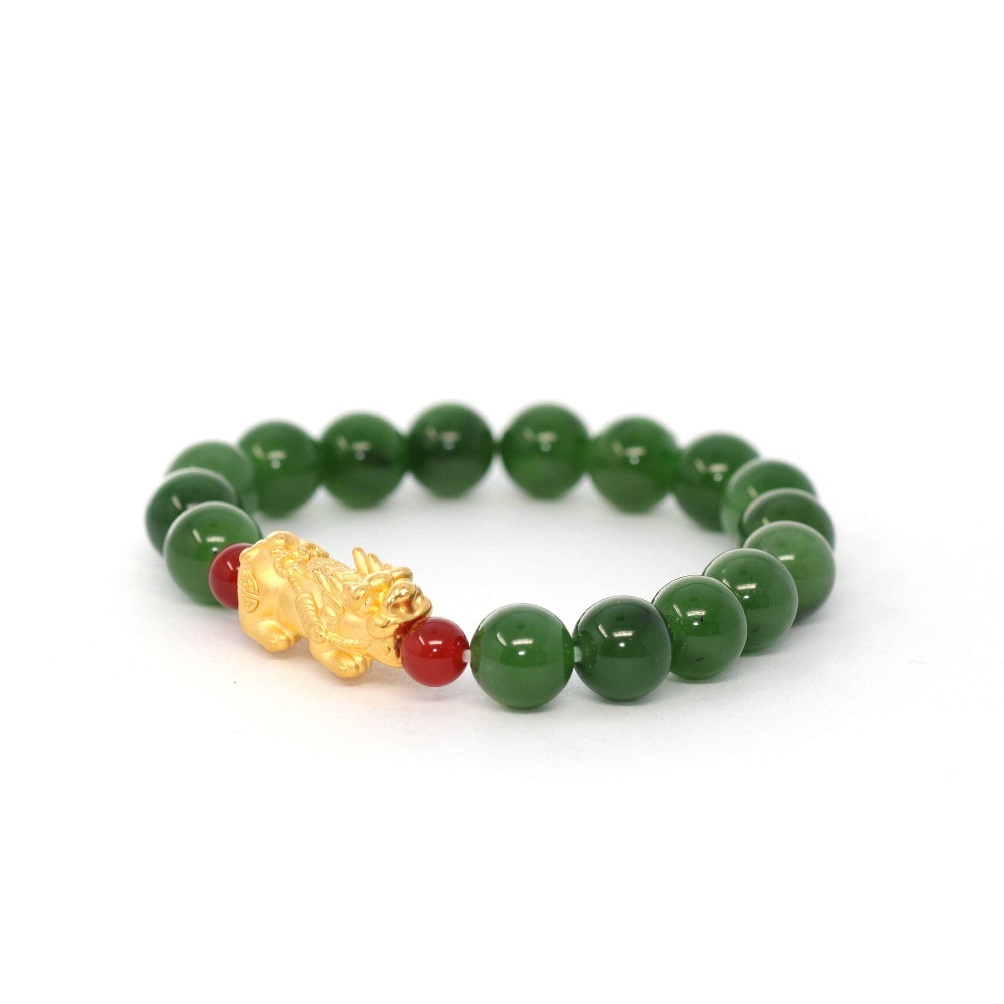 Baikalla Jewelry jade beads bracelet 24K Pure Yellow Gold PiXiu With Genuine Green Jade Round Beads Bracelet Bangle ( 9.5 mm )