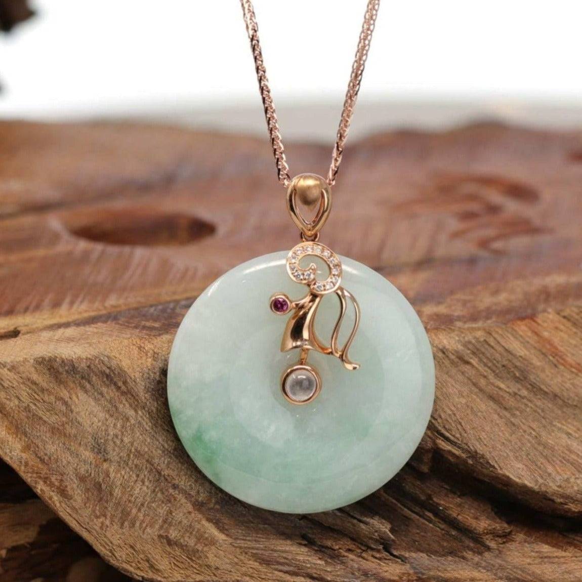 Baikalla Jewelry Gold Jadeite Necklace 18k Rose Gold Genuine Jadeite Constellation (Virgo) Necklace Pendant with Diamonds &amp; Ruby