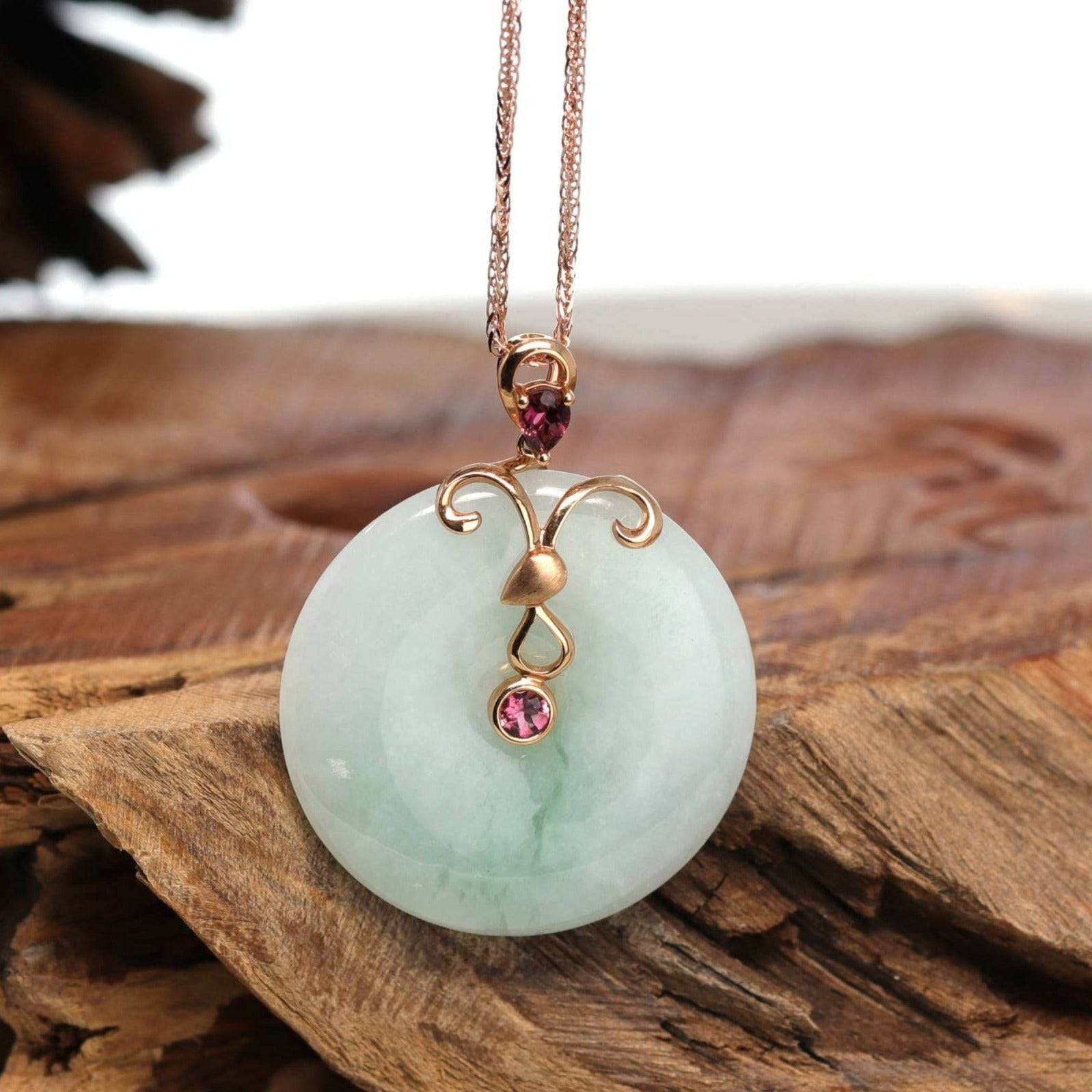 Baikalla Jewelry Jade Pendant 18k Rose Gold Genuine Burmese Jadeite Constellation (Aries) Necklace Pendant with Tourmaline