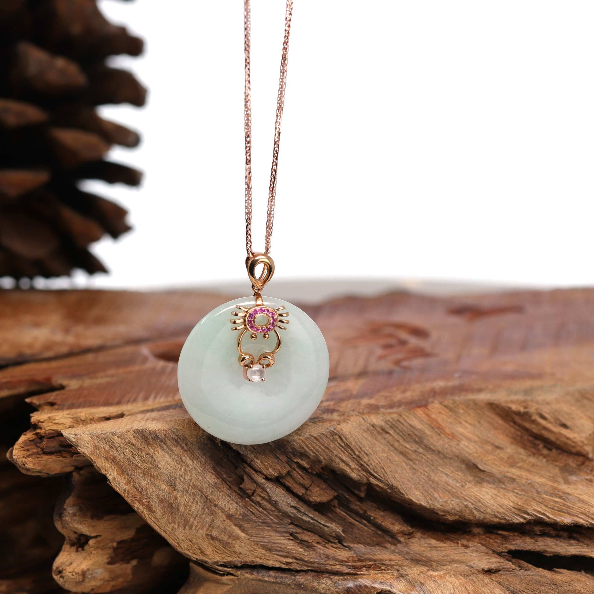 Baikalla Jewelry Gold Jadeite Pendant 18k Rose Gold Genuine Jade Jadeite Constellation Horoscope (Cancer) Necklace Pendant with Ruby