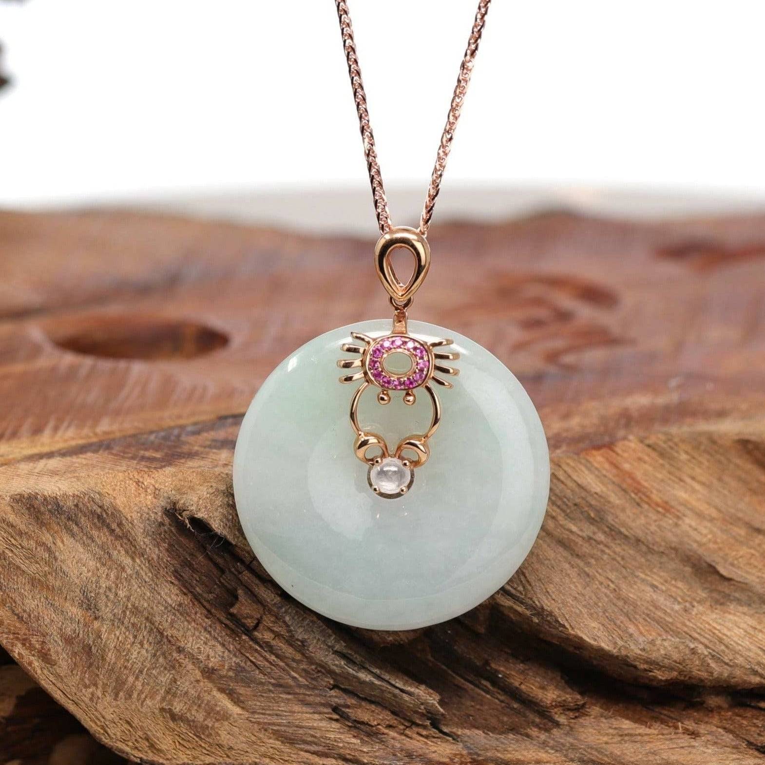 Baikalla Jewelry Gold Jadeite Pendant 18k Rose Gold Genuine Jade Jadeite Constellation Horoscope (Cancer) Necklace Pendant with Ruby