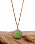 Baikalla Jewelry Gold Jade Pendant 14K Gold Genuine Green Apple Green Jade Circle Pendant Necklace With VS1 Diamond