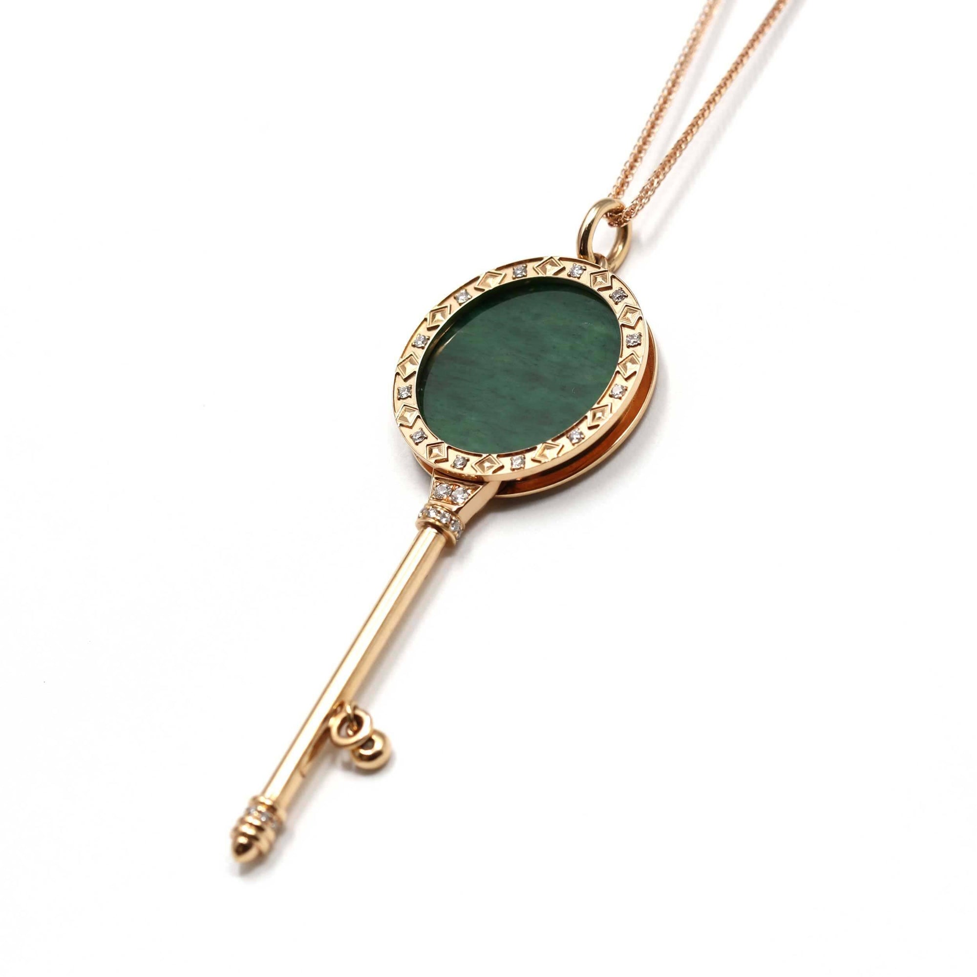 Baikalla Jewelry Gold Jadeite Necklace Baikalla™ &quot;Lucky Key&quot; 18k Rose Gold Jadeite Jade Key Pendant Necklace With Diamond