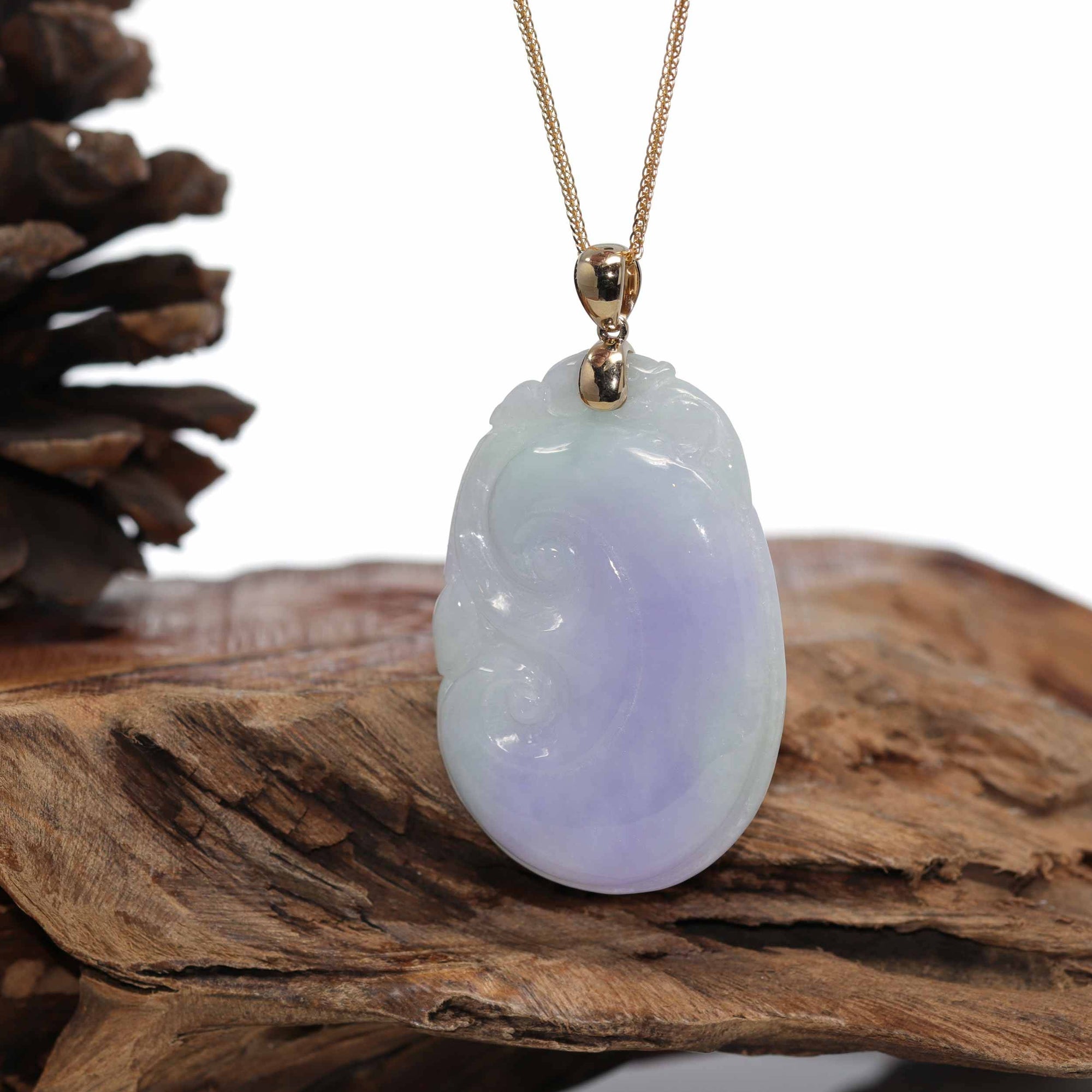 Baikalla Jewelry Jade Guanyin Pendant Necklace Genuine Lavender Jadeite Jade RuYi Pendant Necklace With 14K Yellow Gold Bail