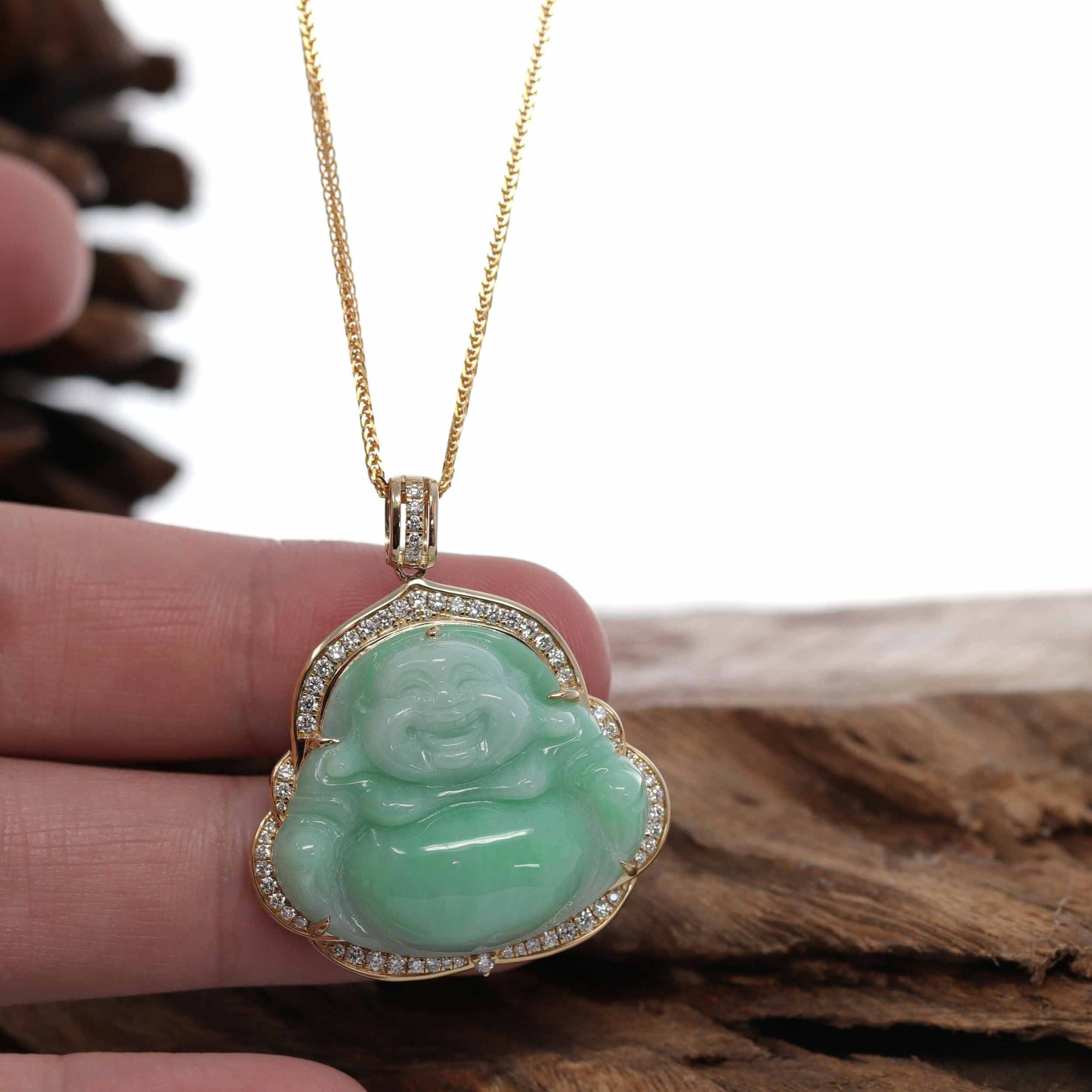 Baikalla Jewelry Gold Jade Buddha Baikalla™ "Laughing Buddha" 14k Gold Genuine Green Jadeite Jade with VS1 Diamonds